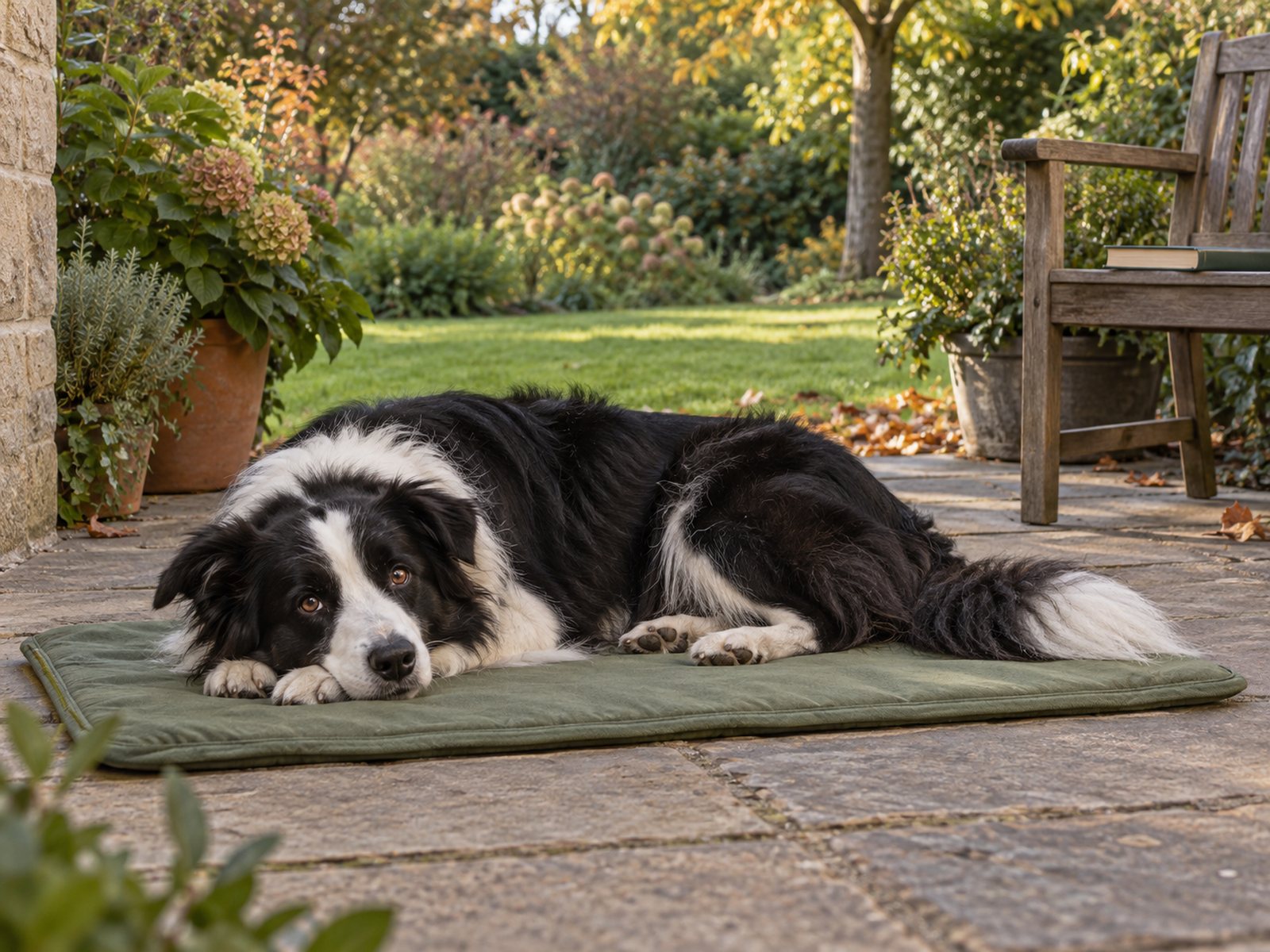 Black-and-white Border Collie resting its head on a green mat on a sheltered garden patio