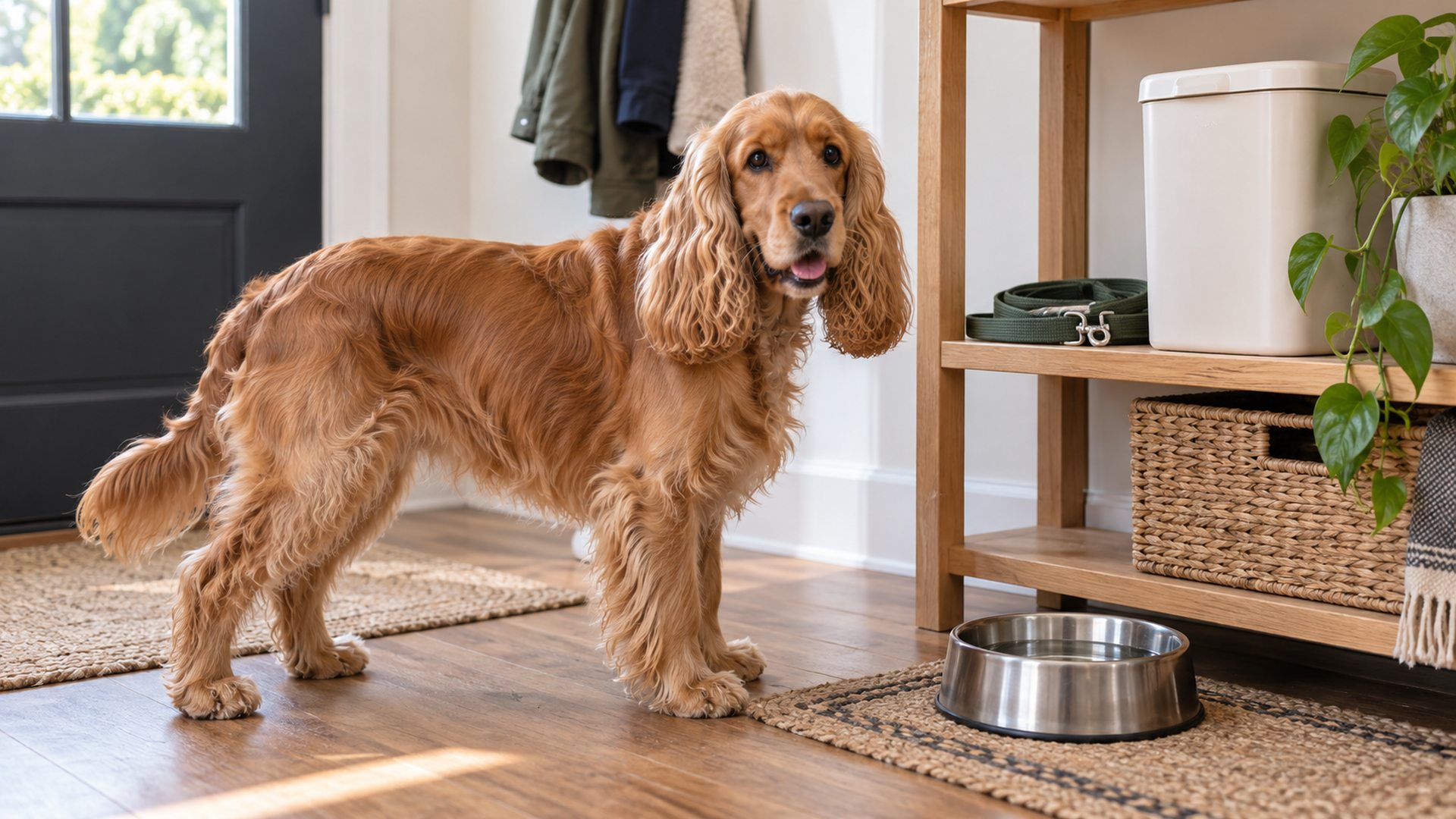 Golden English Cocker Spaniel standing beside a shelf of walking supplies and a water bowl