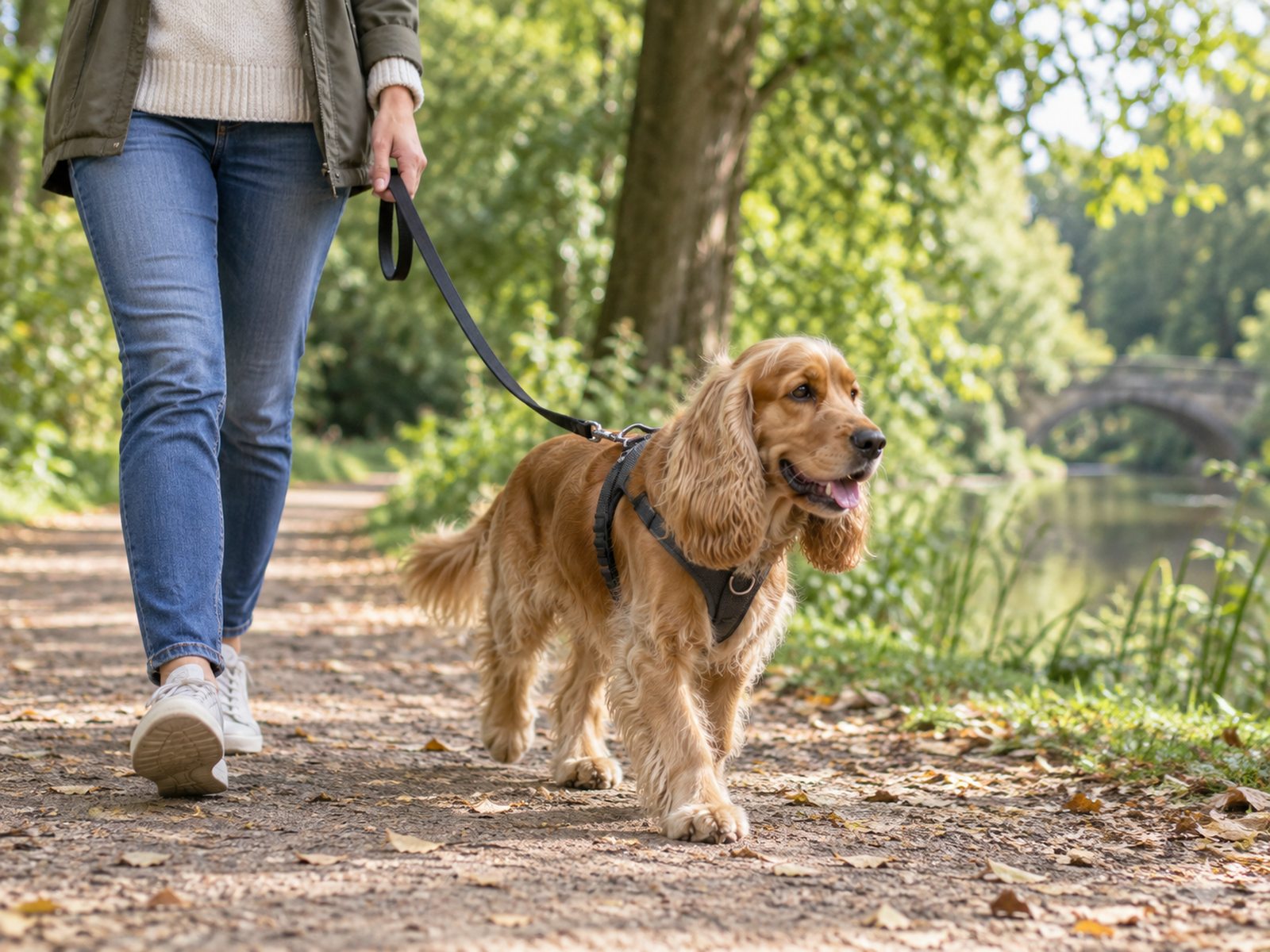 Golden English Cocker Spaniel walking on a loose leash beside a caregiver on a leafy path