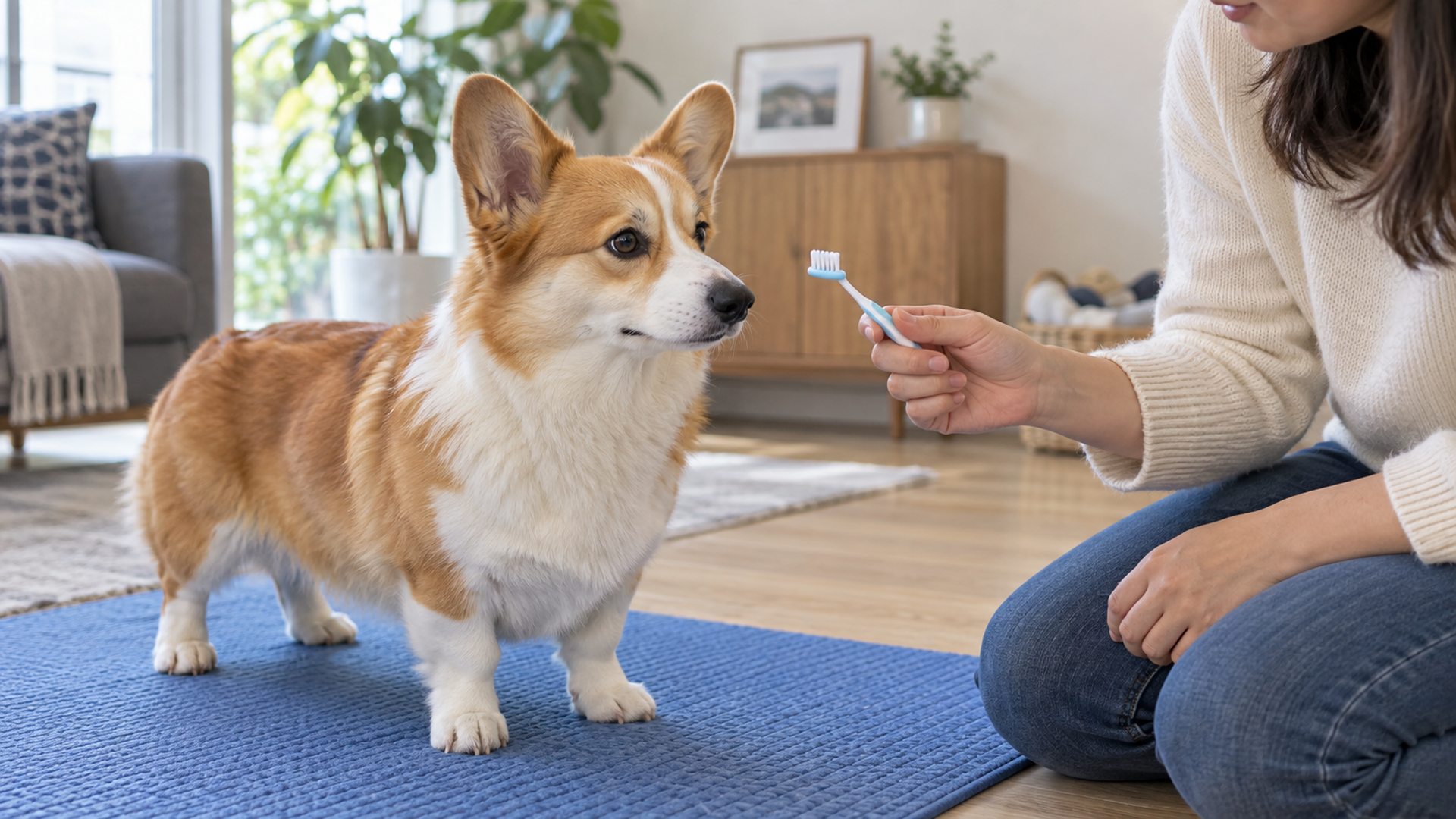 Red-and-white Pembroke Welsh Corgi looking at a toothbrush held away from its muzzle by a seated adult