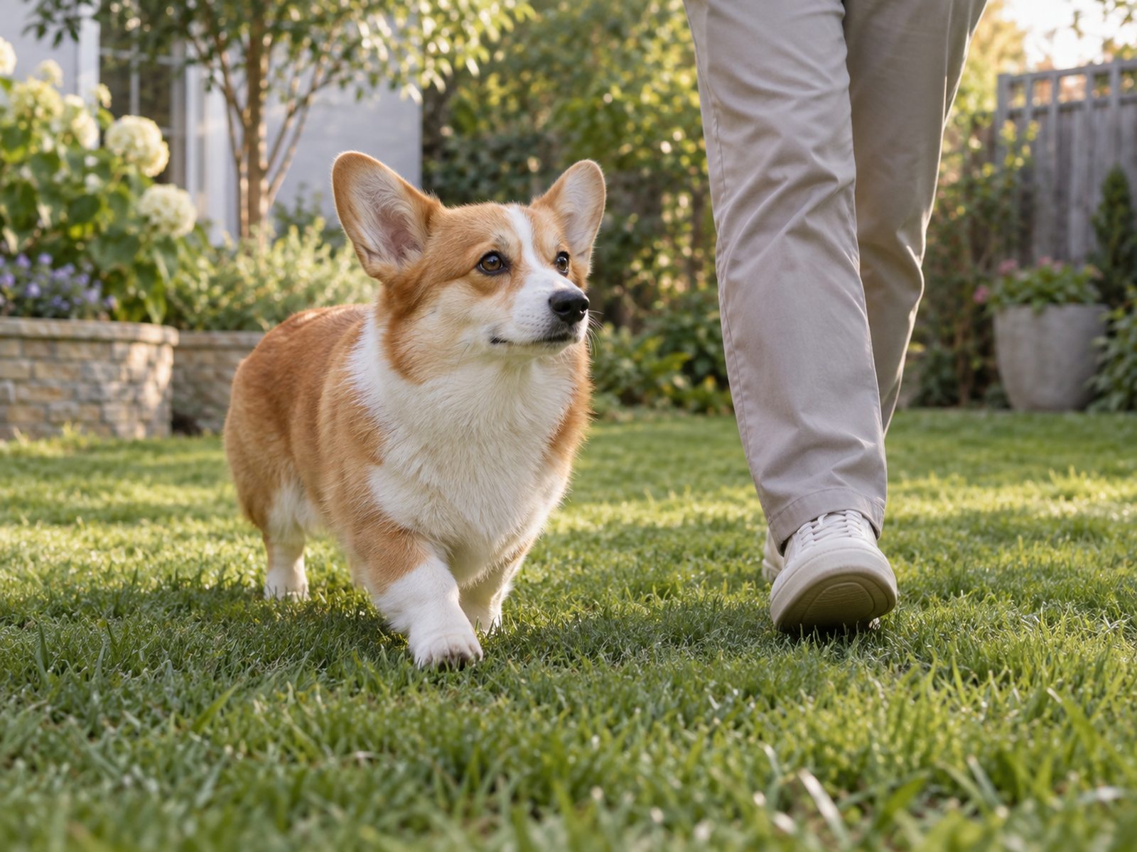 Red-and-white Pembroke Welsh Corgi walking beside an adult's legs on a fenced garden lawn