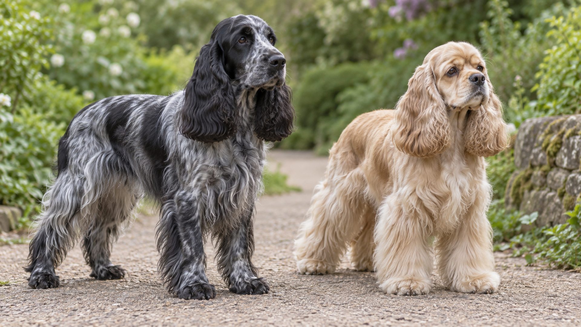 Blue roan English Cocker Spaniel and buff American Cocker Spaniel standing side by side on a garden path