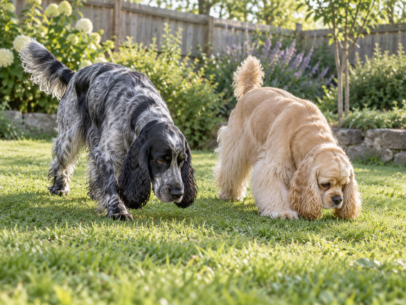Blue roan English Cocker Spaniel and buff American Cocker Spaniel sniffing grass in a fenced garden