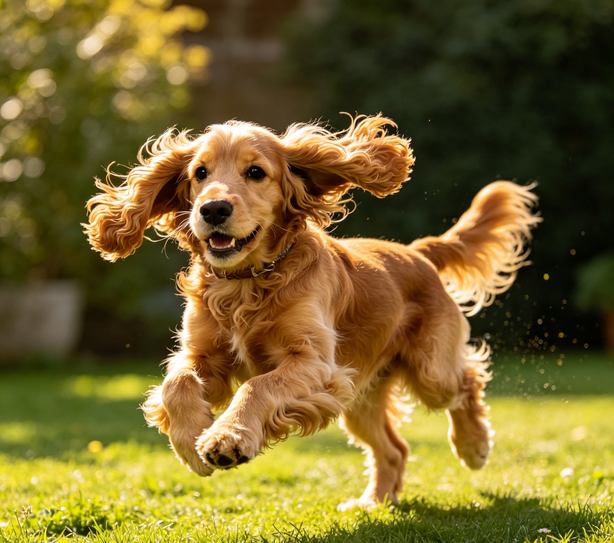English Cocker Spaniel running outdoors with ears flying and feathering in motion