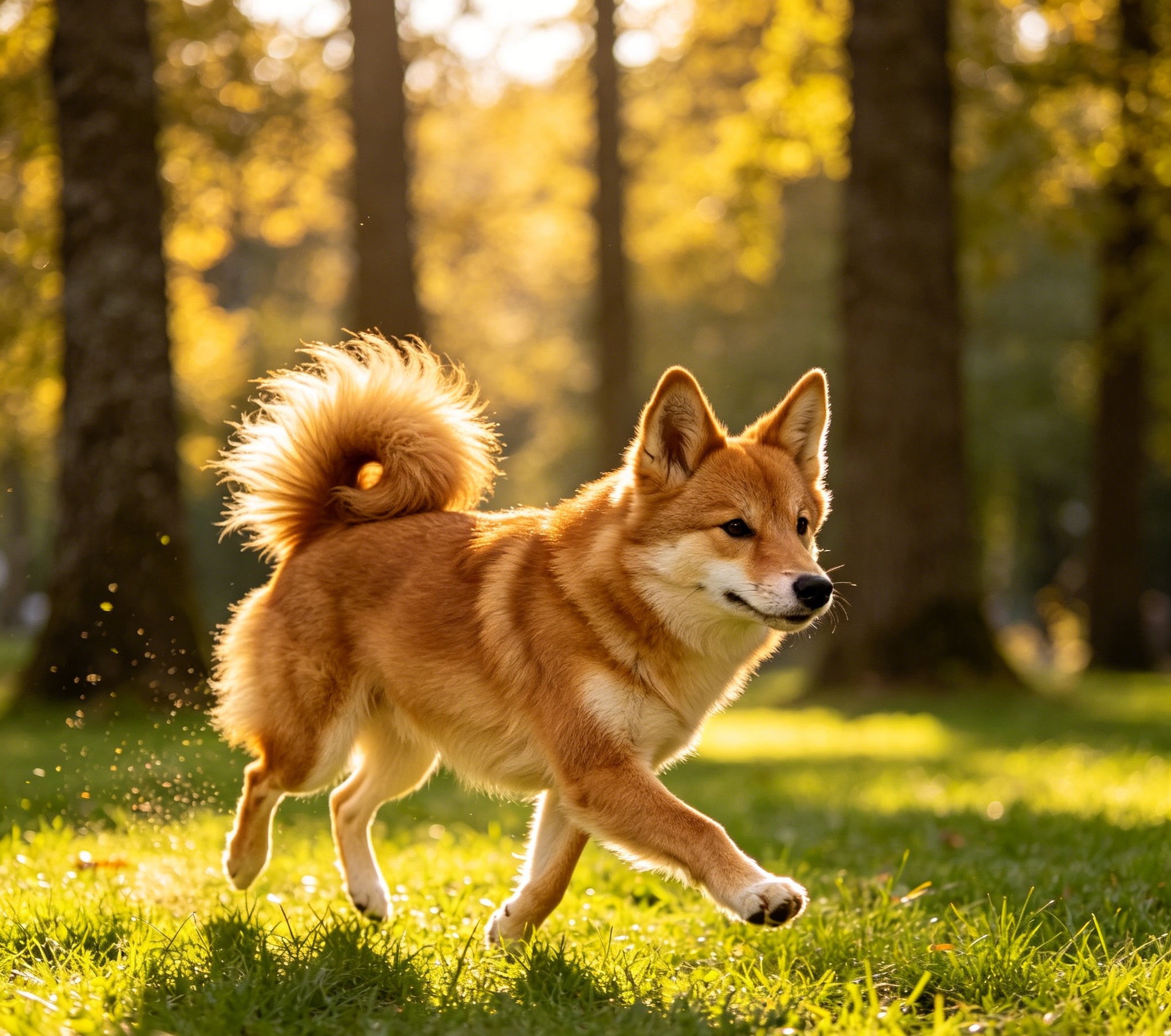Finnish Spitz bounding across a grassy field, plumed tail curled over its back