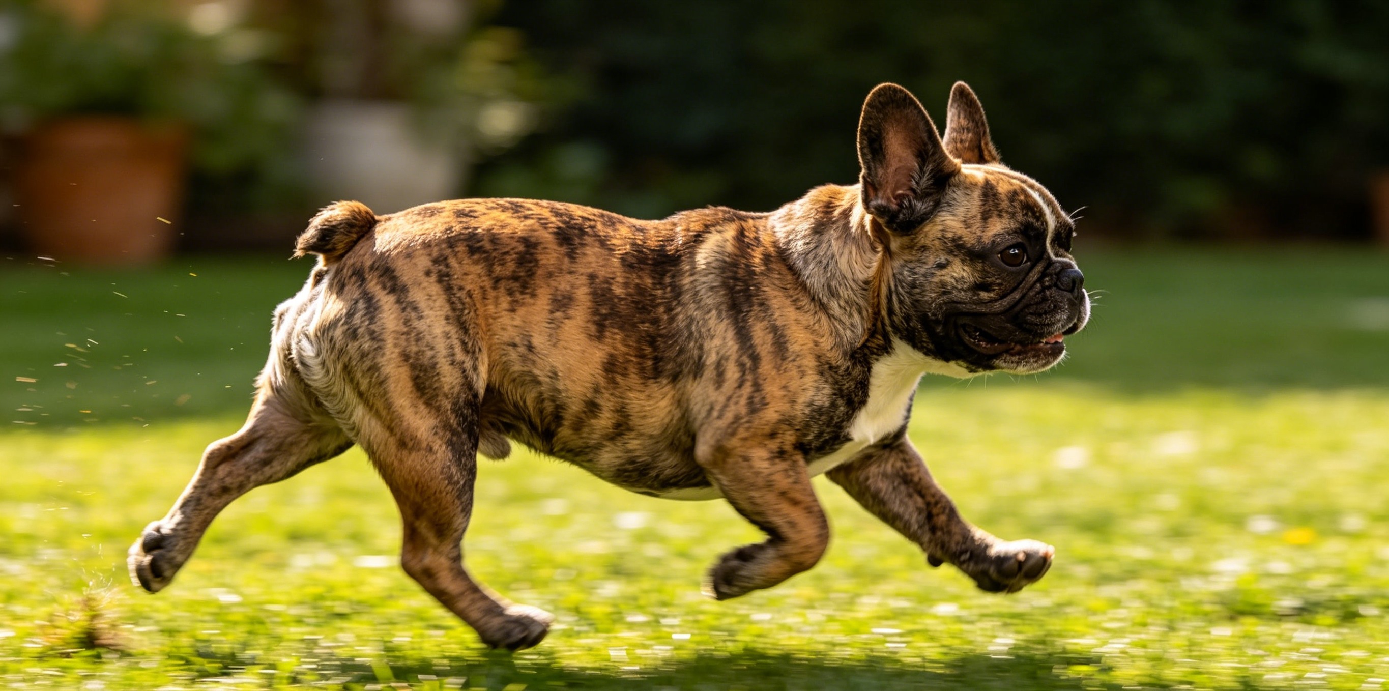 French Bulldog trotting and play-bouncing indoors, ears up, clearly in a playful mood