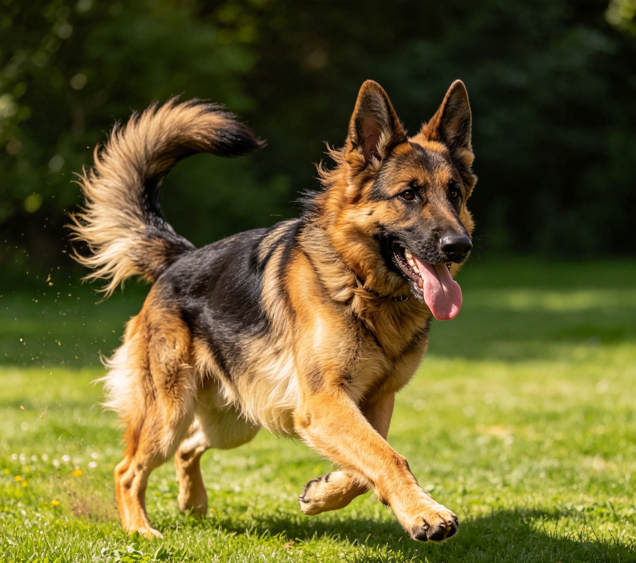 German Shepherd running across open ground, coat and tail flowing