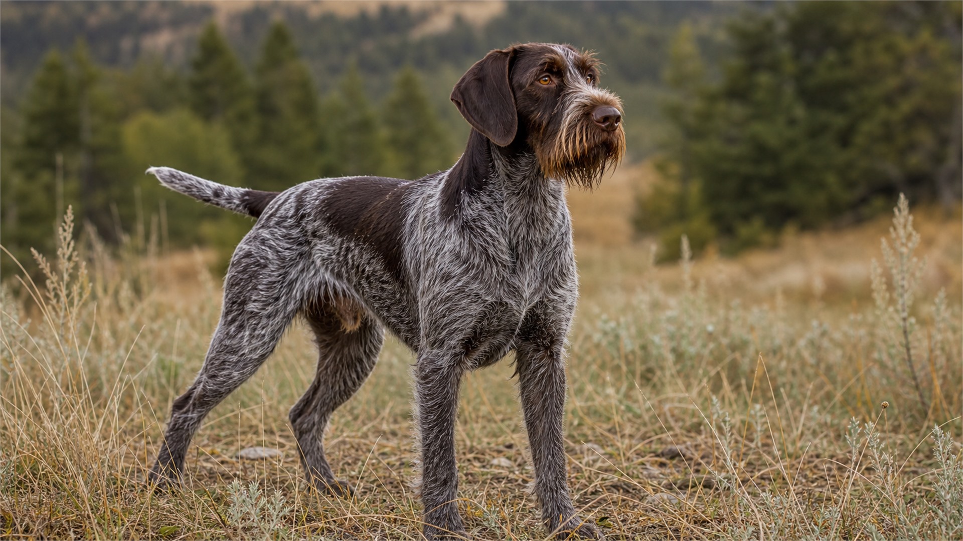 Adult German Wirehaired Pointer with a harsh weatherproof coat standing alert in a field