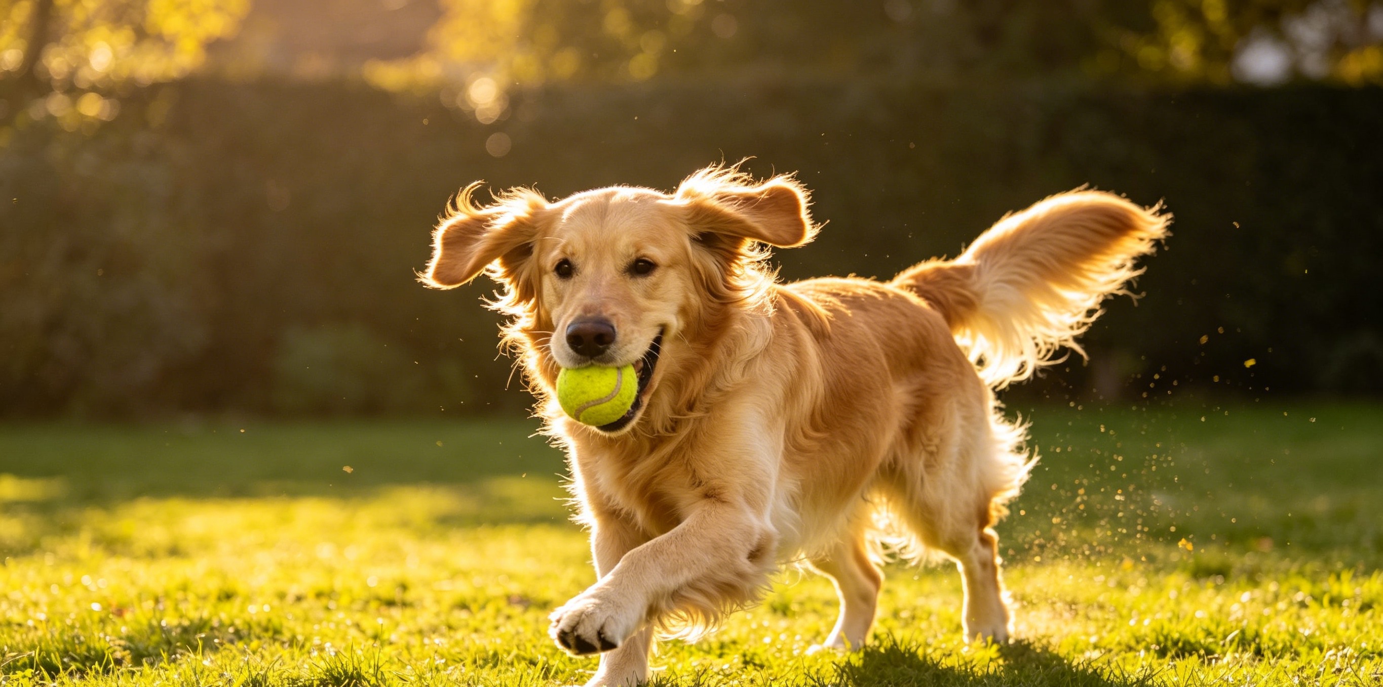 Golden Retriever mid-stride outdoors, feathered tail flagging, clearly enjoying movement