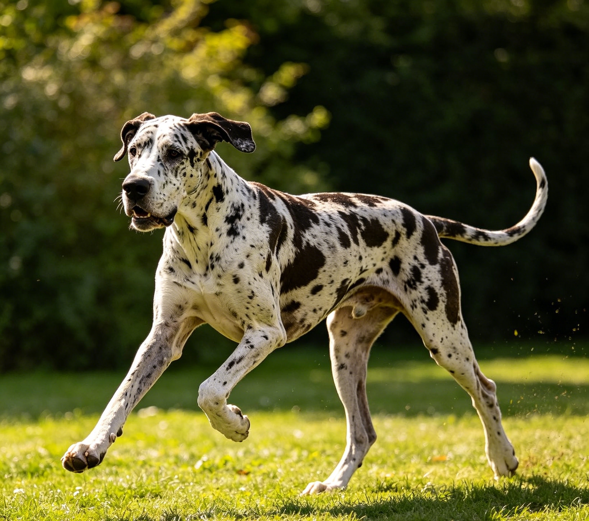 Great Dane bounding playfully across a yard with its long legs in mid-stride