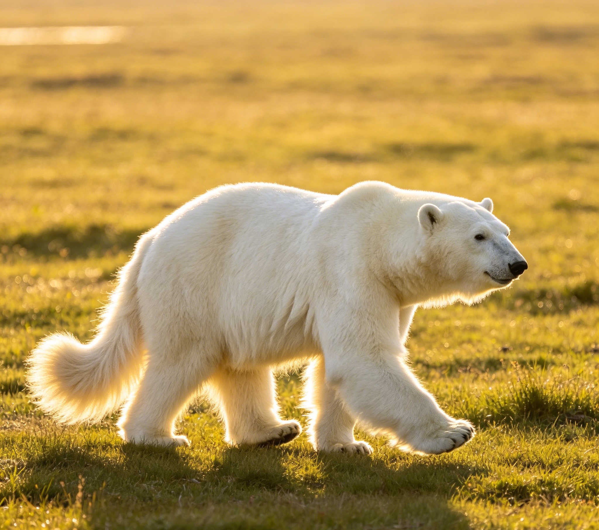 Great Pyrenees moving across an open outdoor space, thick white coat visible