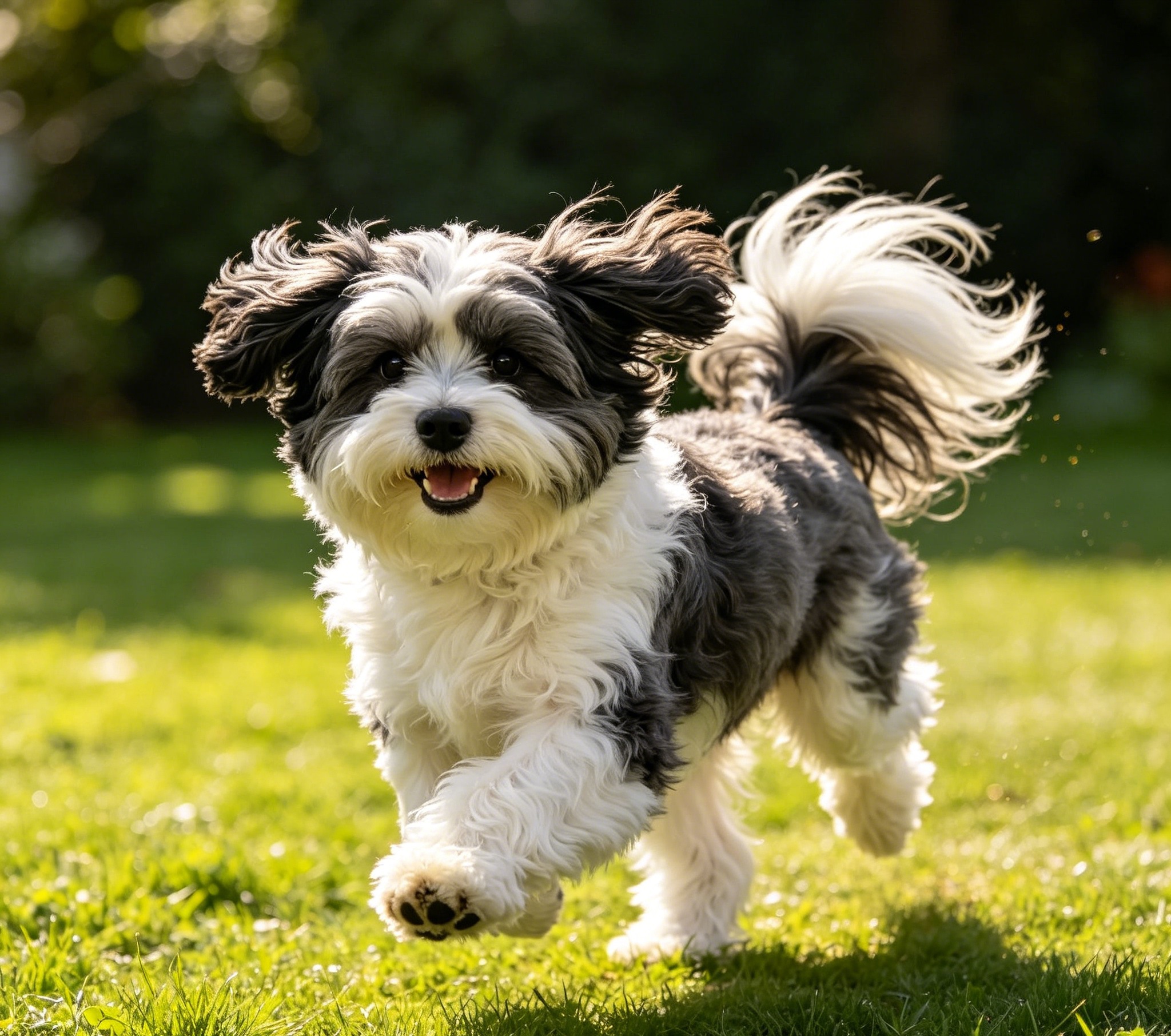 Havanese playing outdoors with a long silky coat in cheerful motion