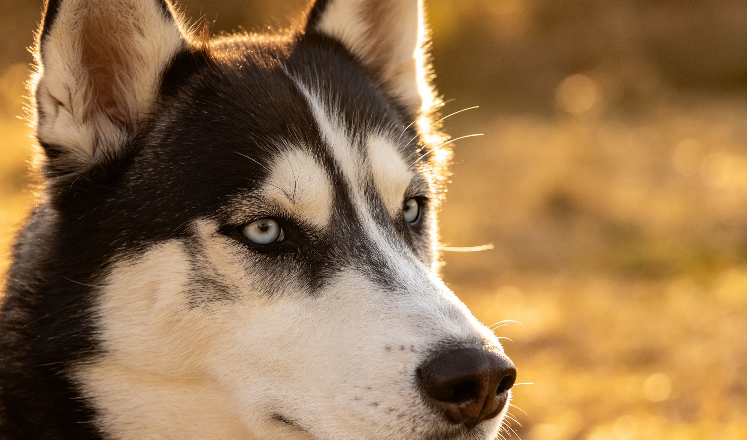 Adult Siberian Husky with a thick wolf-gray coat, striking eyes, and an alert, friendly expression