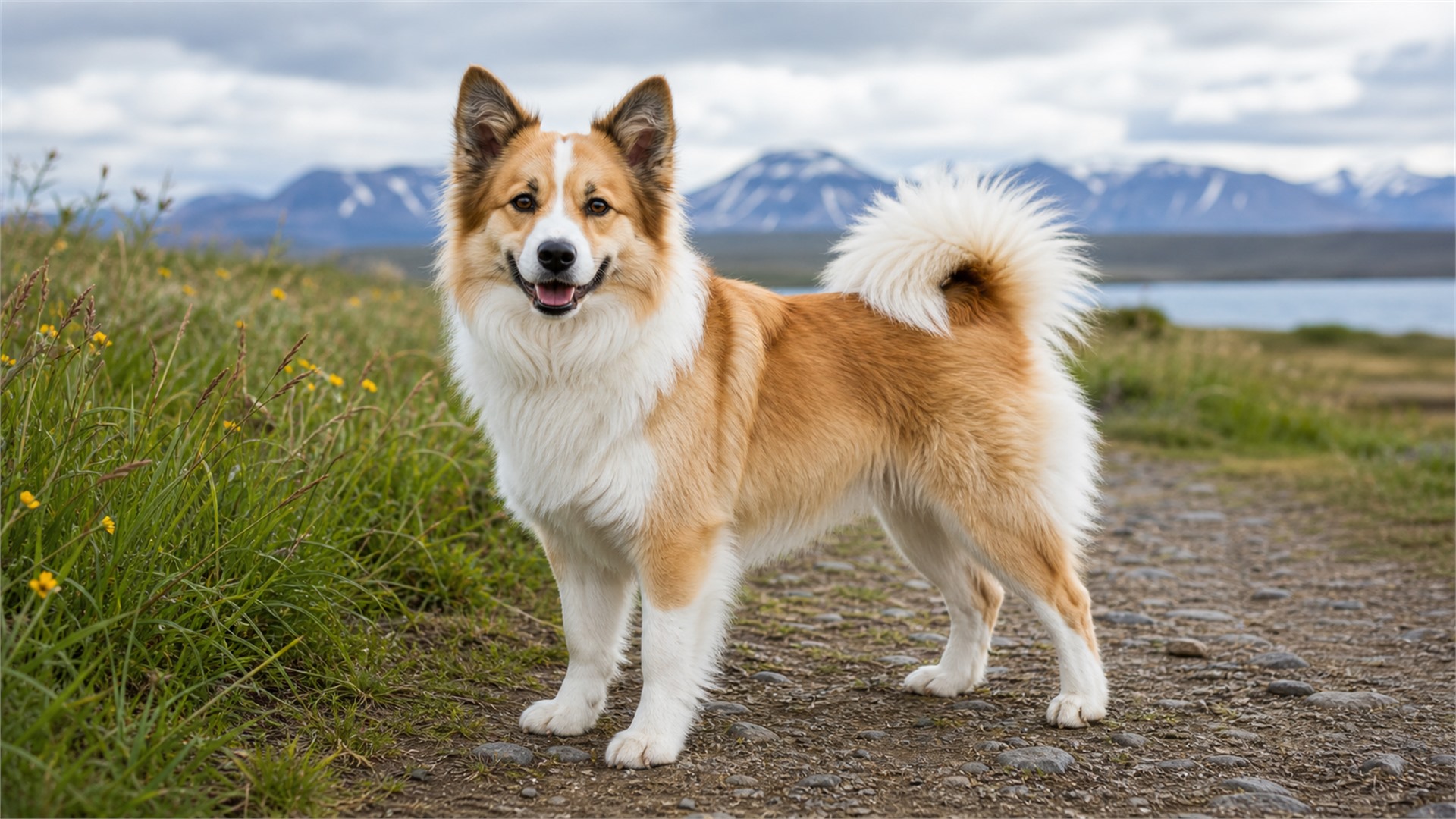 Adult Icelandic Sheepdog with pricked ears and curled tail standing in a grassy field