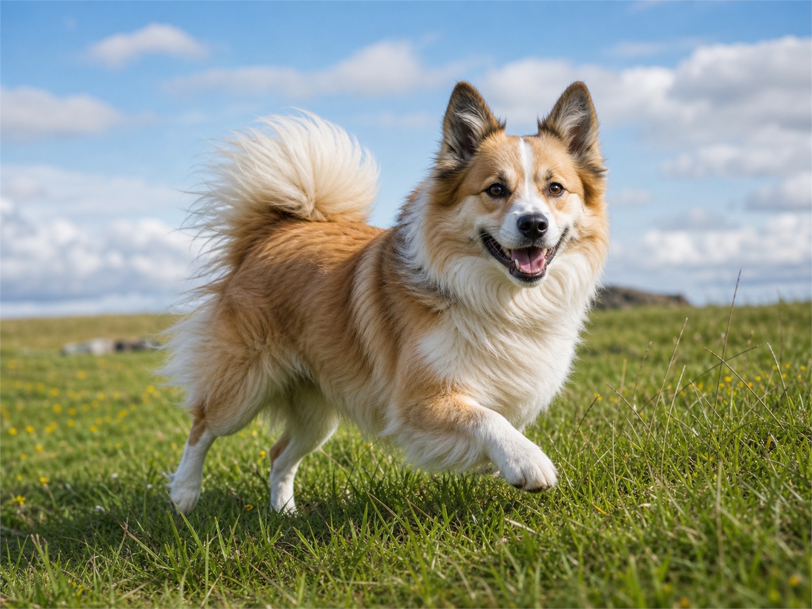 Icelandic Sheepdog running and playing outdoors with an open, happy expression