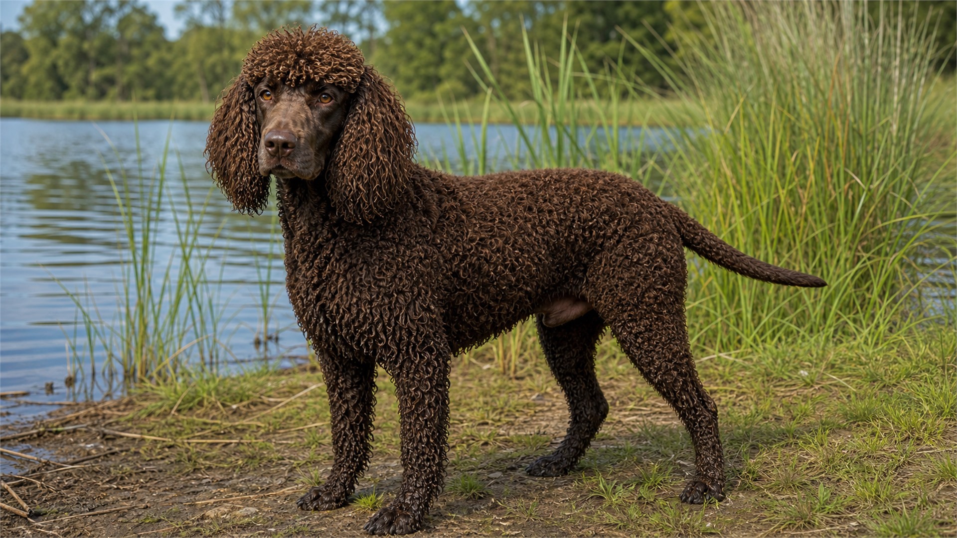 Adult Irish Water Spaniel with liver curls, topknot, and rat tail standing by water