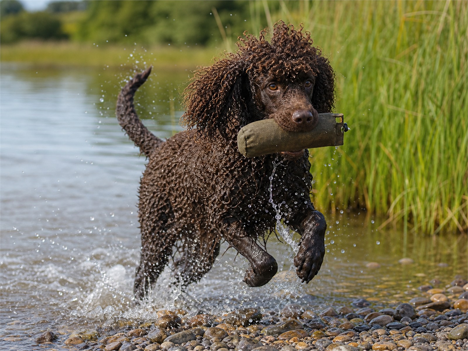 Irish Water Spaniel splashing through shallow water with a retrieving dummy