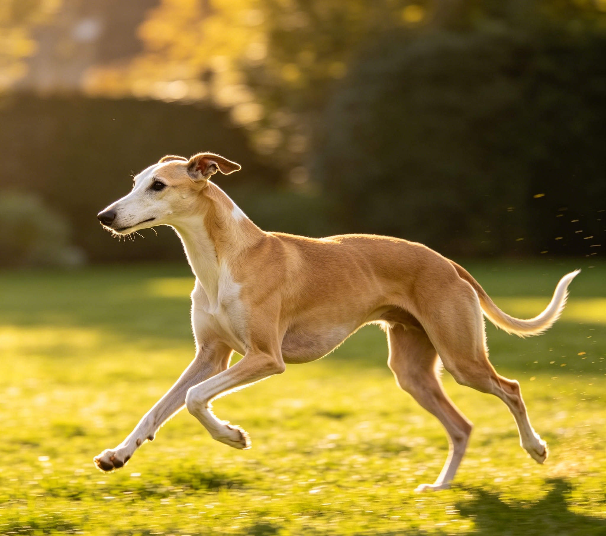 Italian Greyhound sprinting outdoors, slender legs extended at full stretch