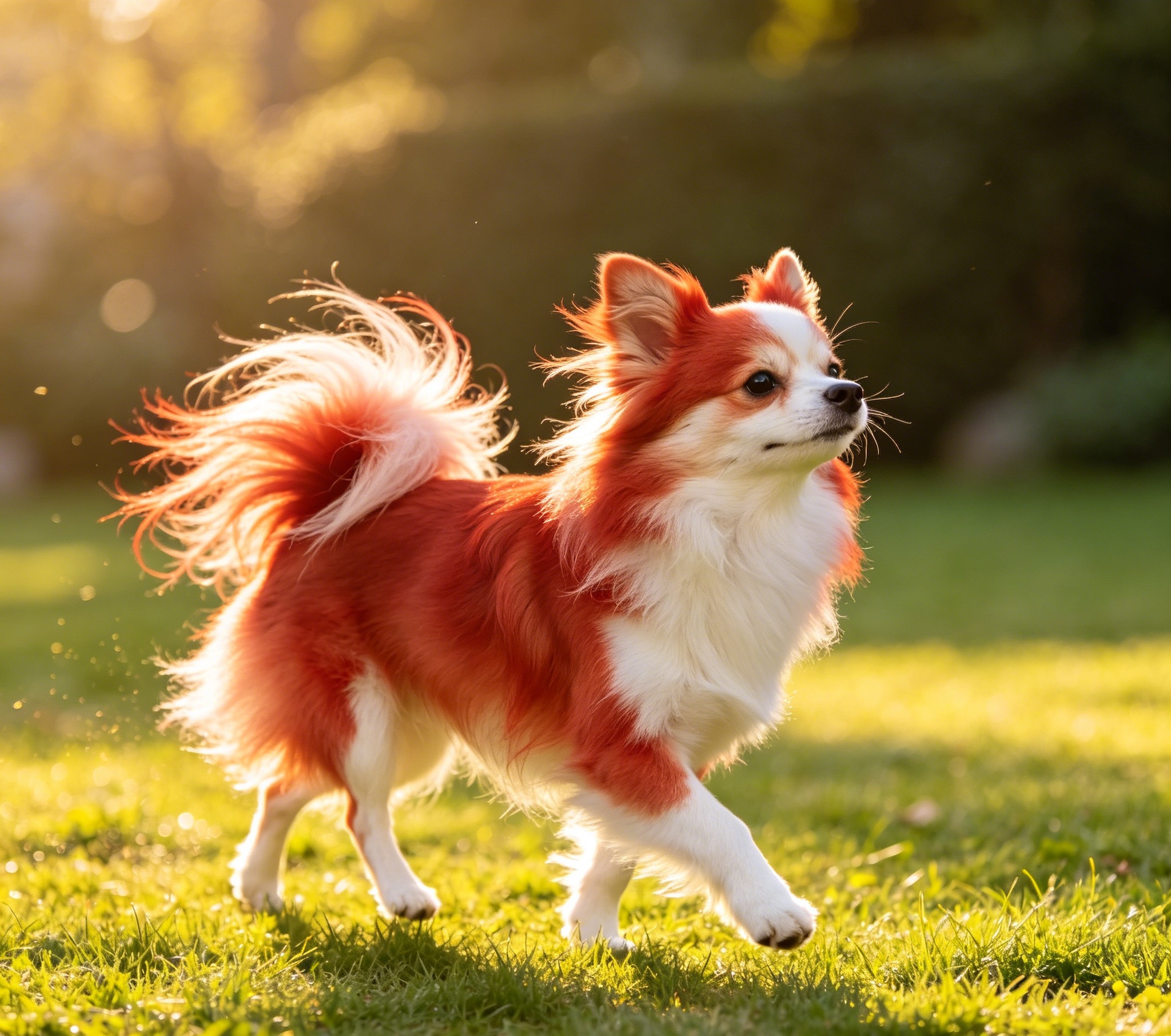 Japanese Chin trotting lightly across a sunny floor, silky coat flowing