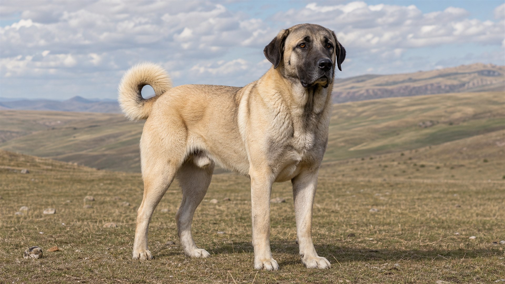 Adult Kangal Dog with fawn coat, dark mask, and curled tail standing alert outdoors
