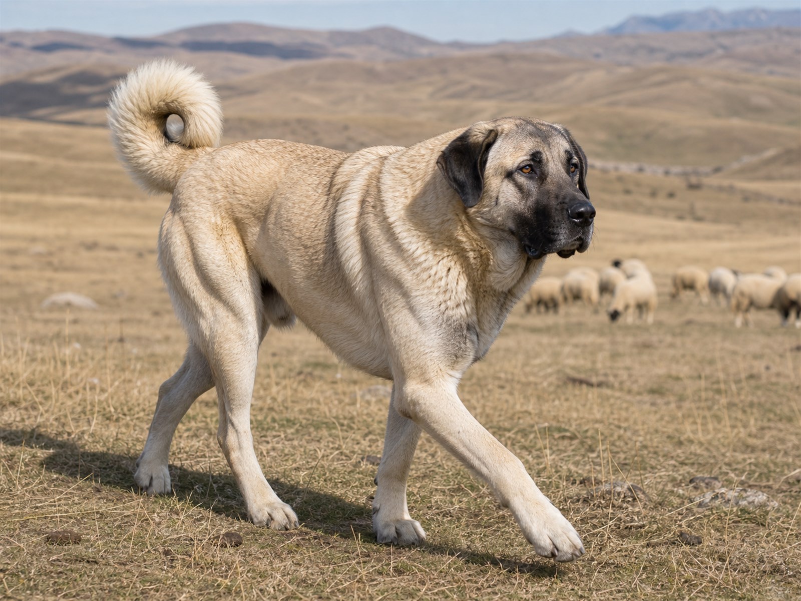 Kangal Dog moving across open pasture with a watchful livestock guardian posture