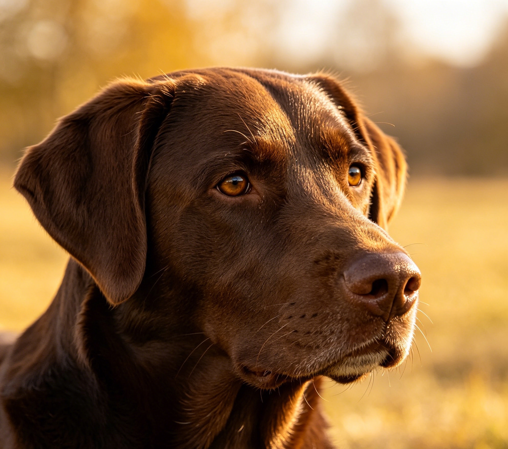 Yellow Labrador Retriever sitting attentively with a soft, friendly expression