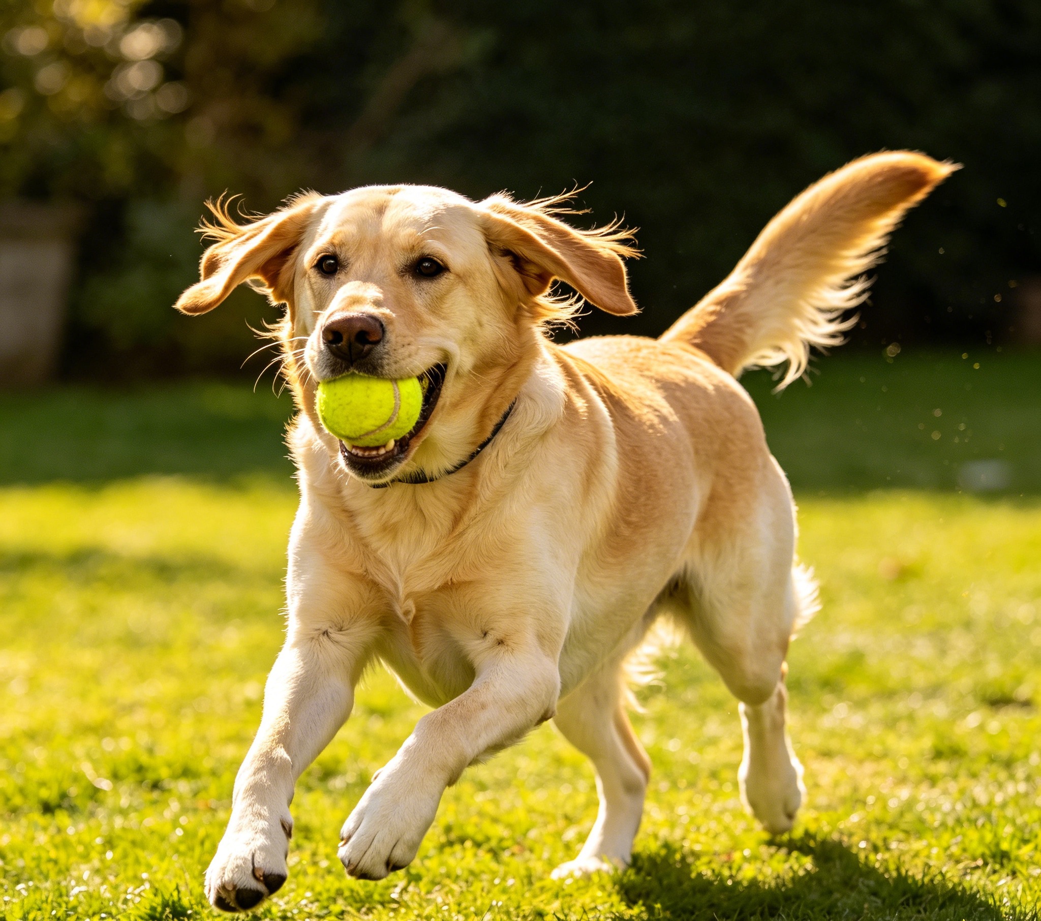 Black Labrador Retriever bounding out of the water carrying a toy