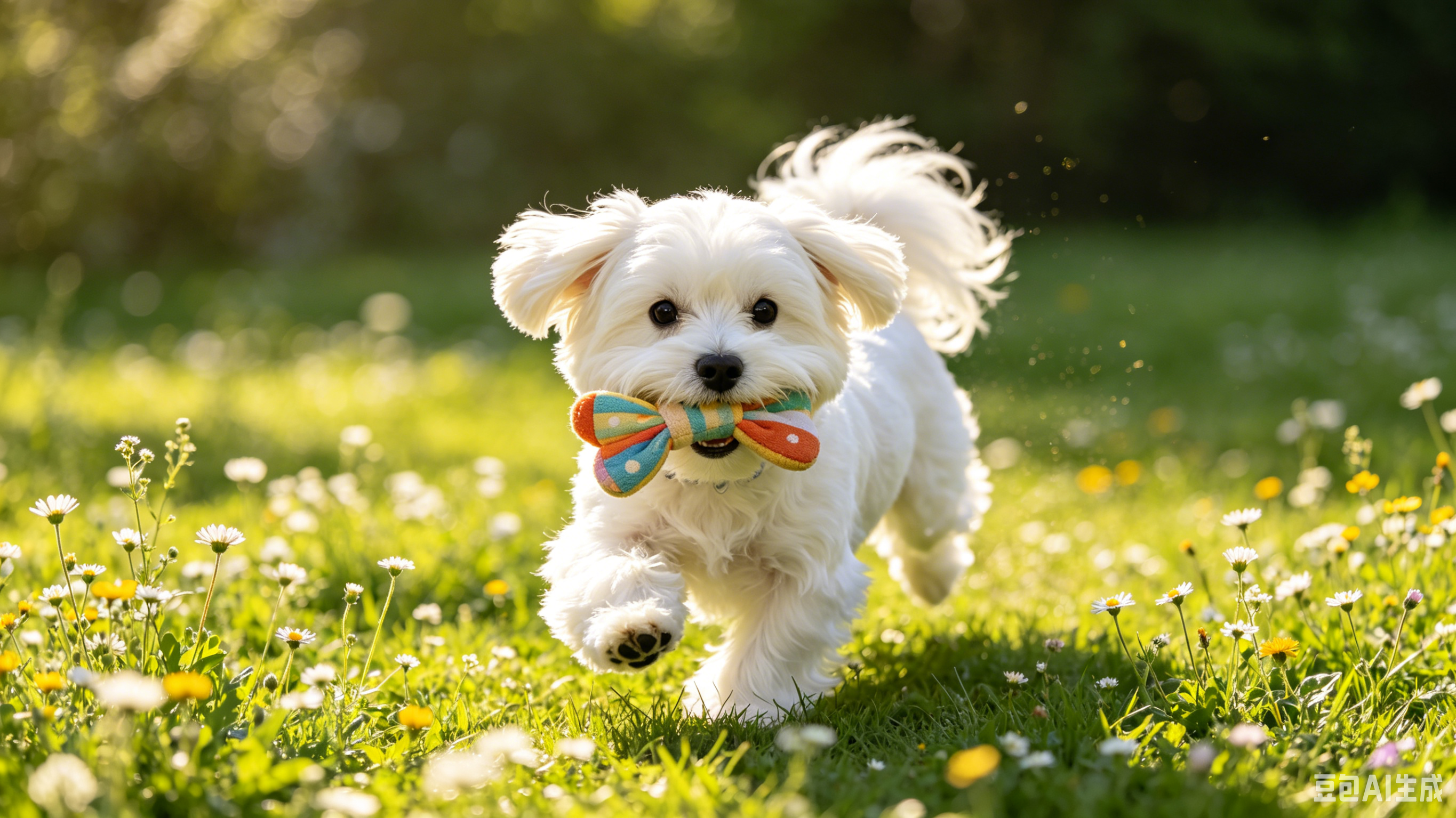 Maltese running and playing on the grass