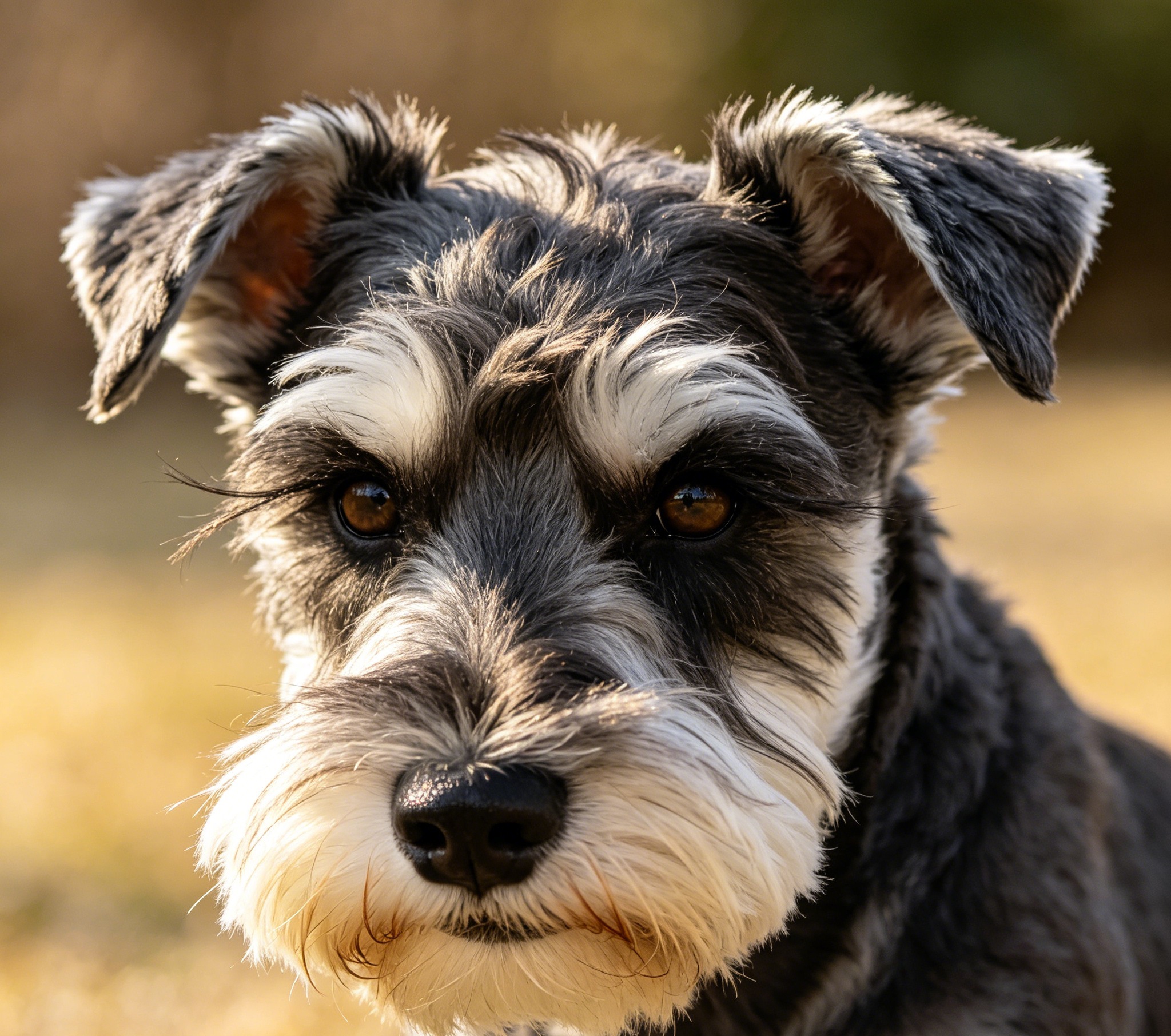 Adult Miniature Schnauzer with bushy eyebrows and full beard, showing the breed's square terrier build