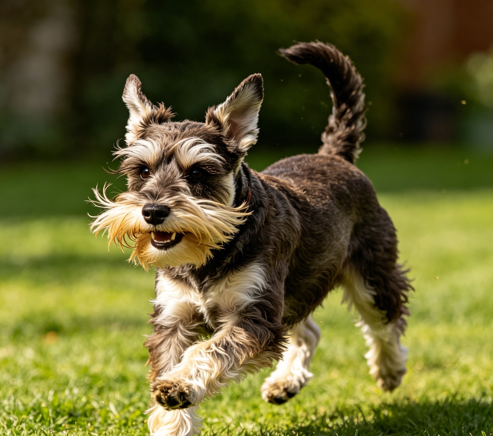 Miniature Schnauzer trotting outdoors, beard and eyebrows catching the light