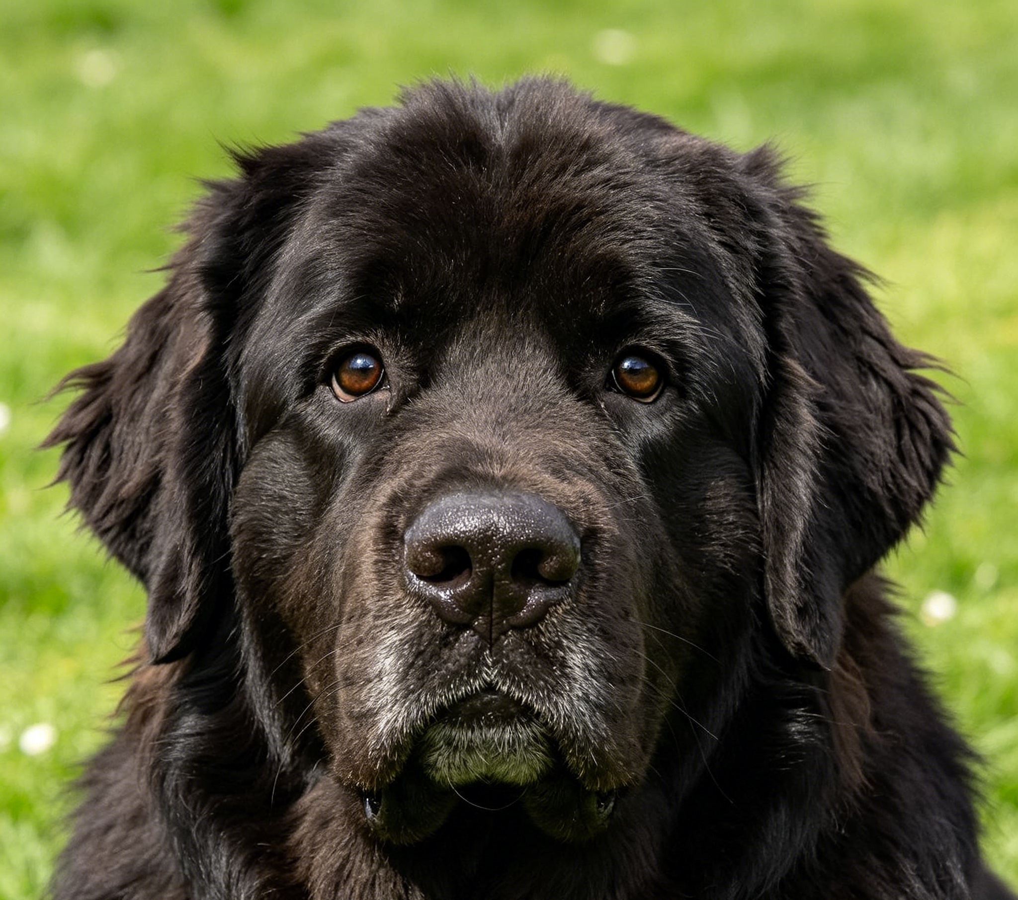 Adult Newfoundland with a thick black coat and a calm, soulful expression