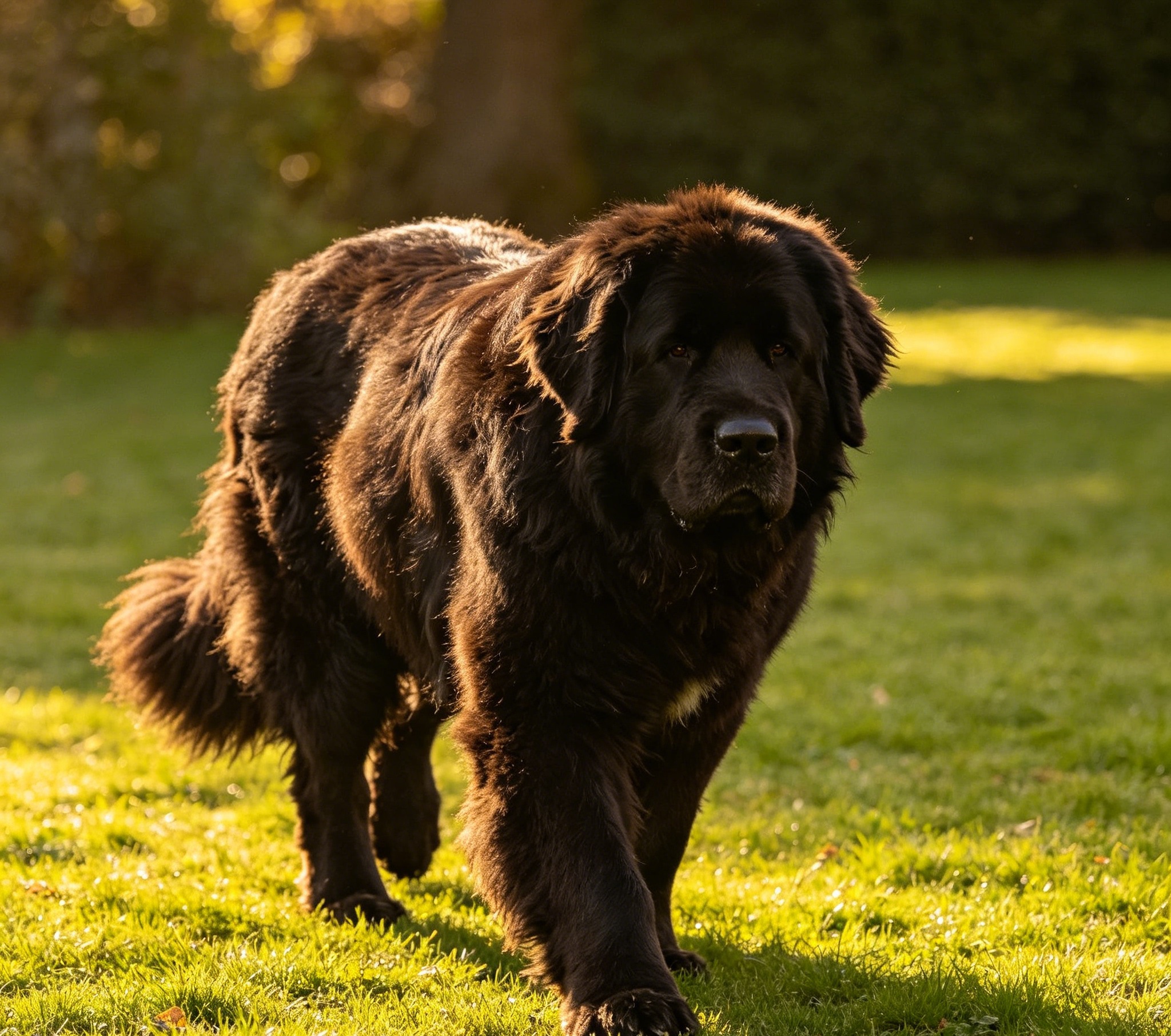 Newfoundland wading happily through shallow water, completely in its element