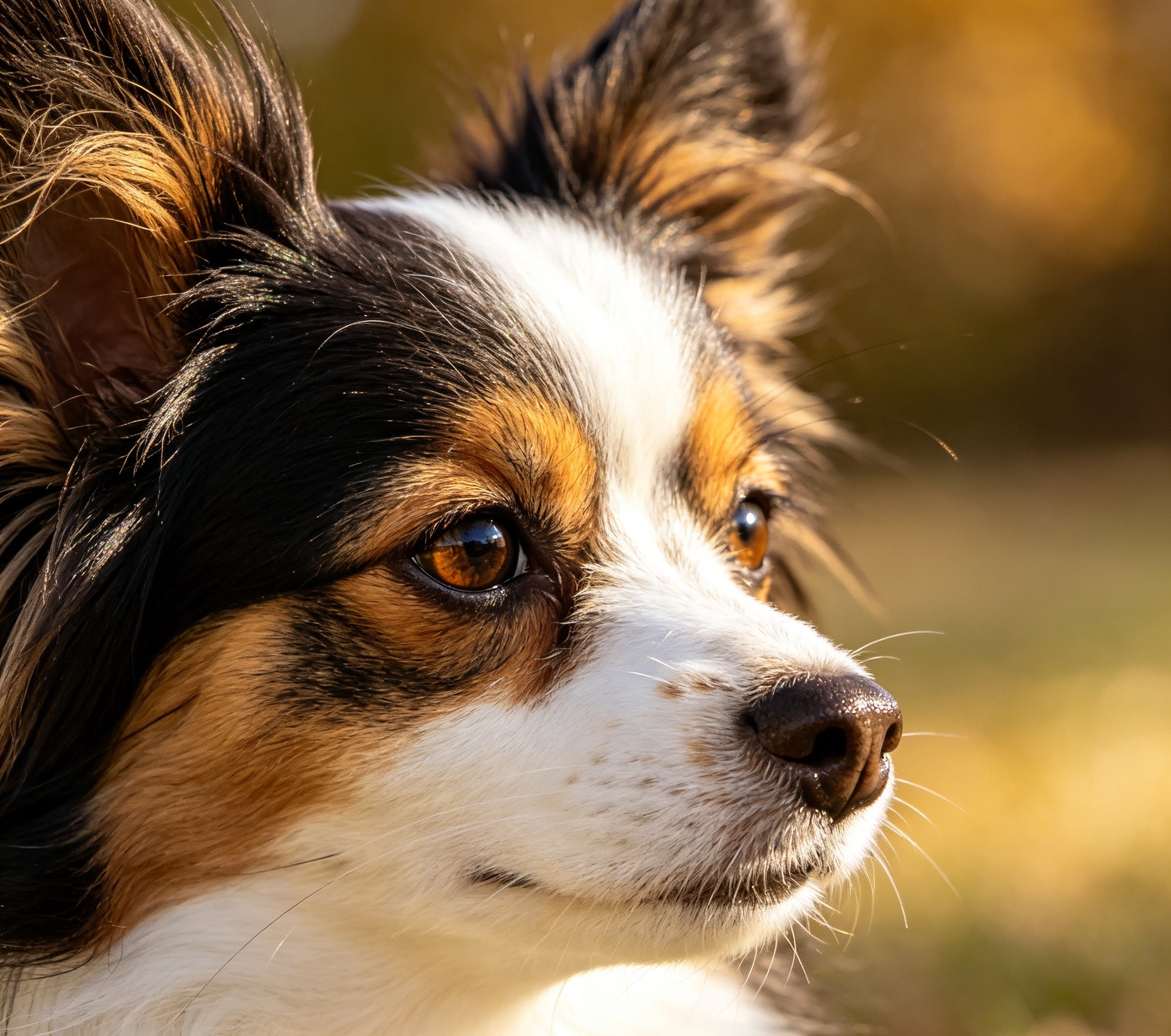 Adult Papillon with large fringed butterfly ears and a flowing white-and-color coat