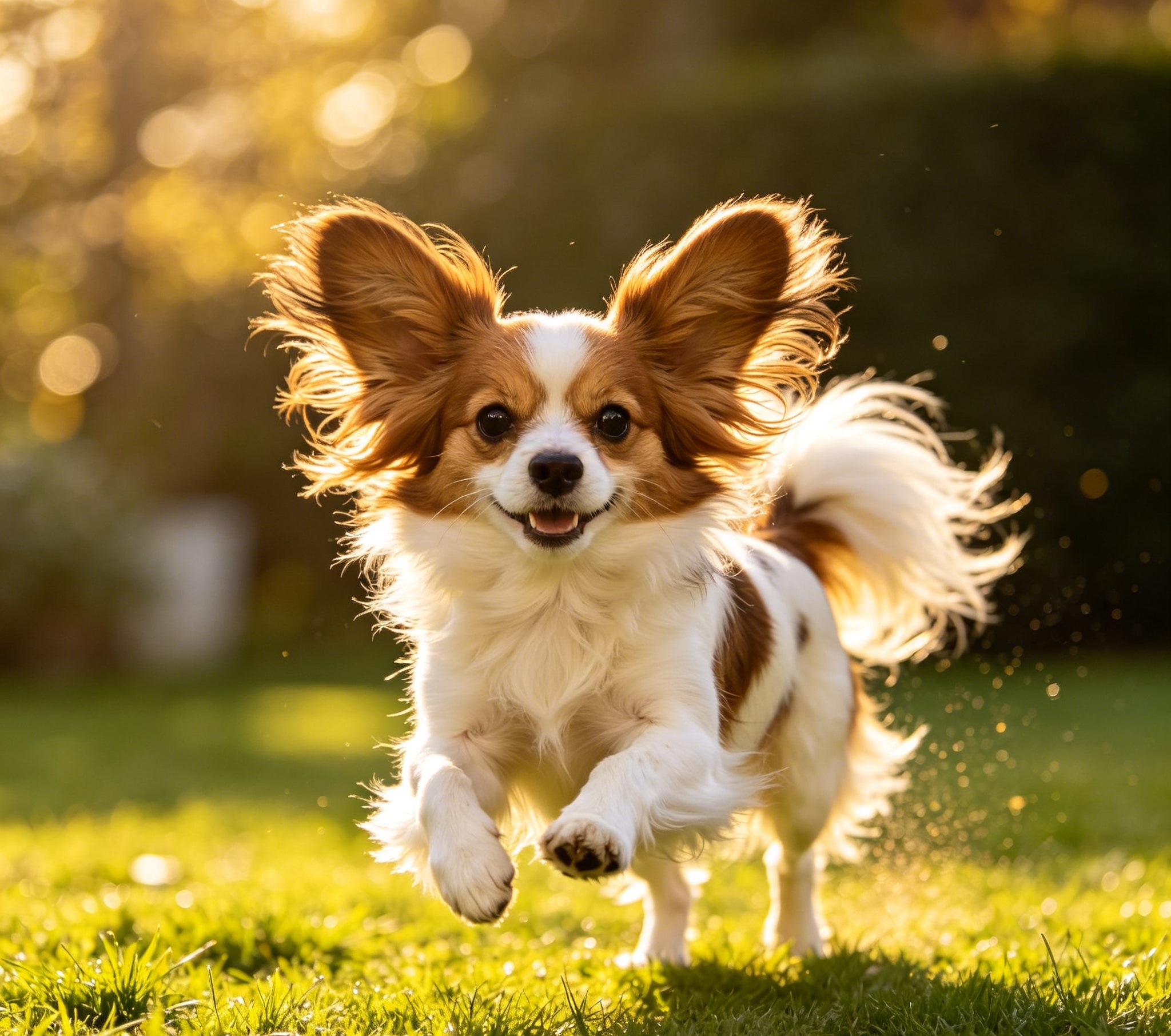 Papillon mid-stride outdoors, ear fringes and plumed tail catching the breeze