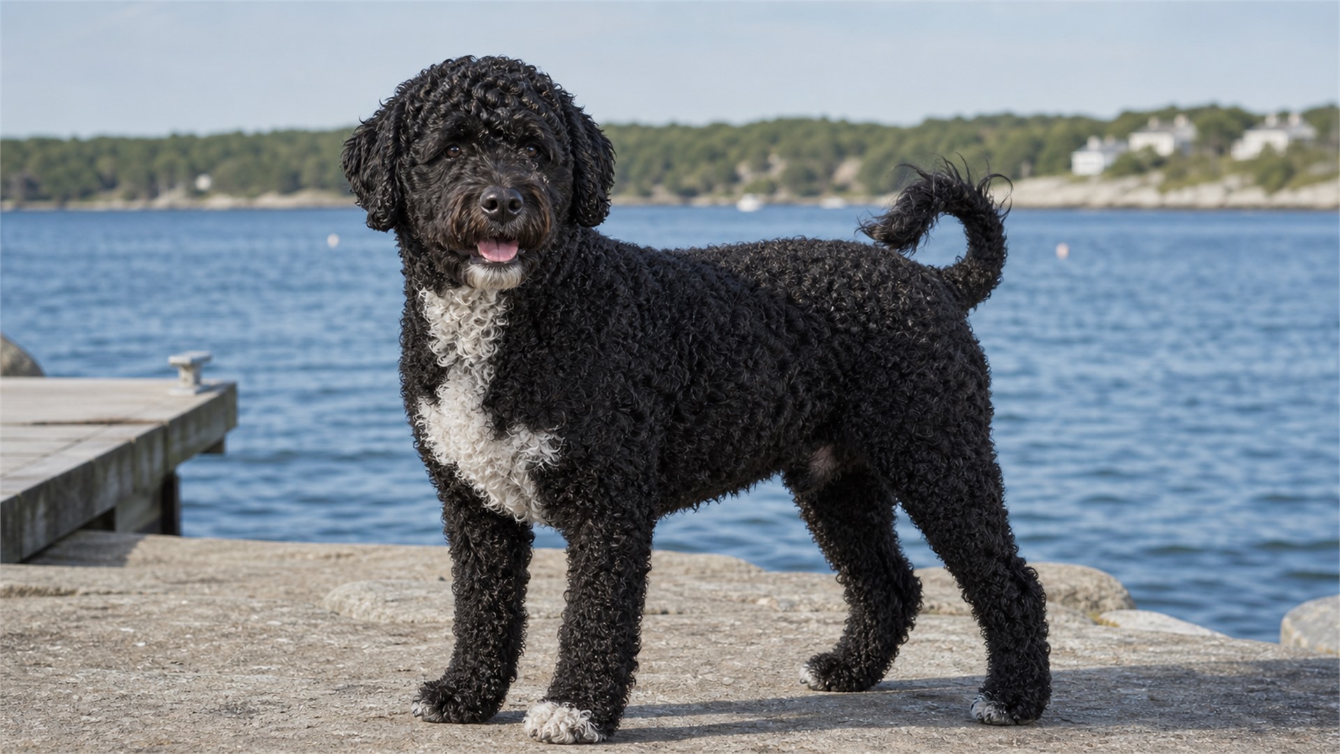 Adult Portuguese Water Dog with a curly black coat standing alertly by the water
