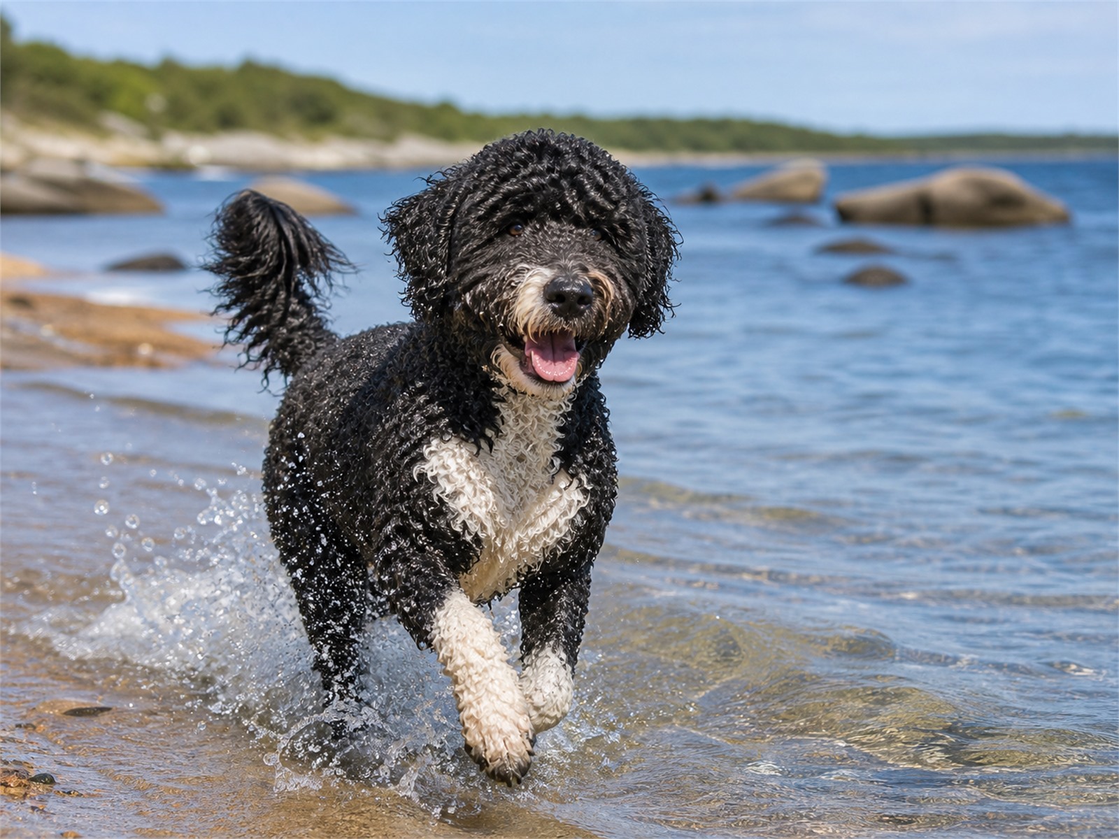 Portuguese Water Dog splashing through shallow water, showing its athletic build