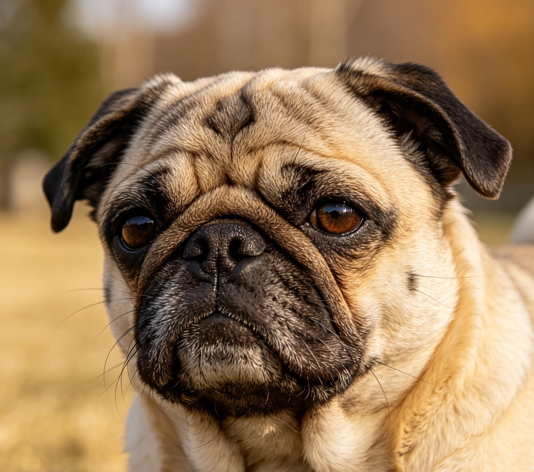 Fawn Pug with a wrinkled face, dark round eyes, and a curled tail looking up at the camera