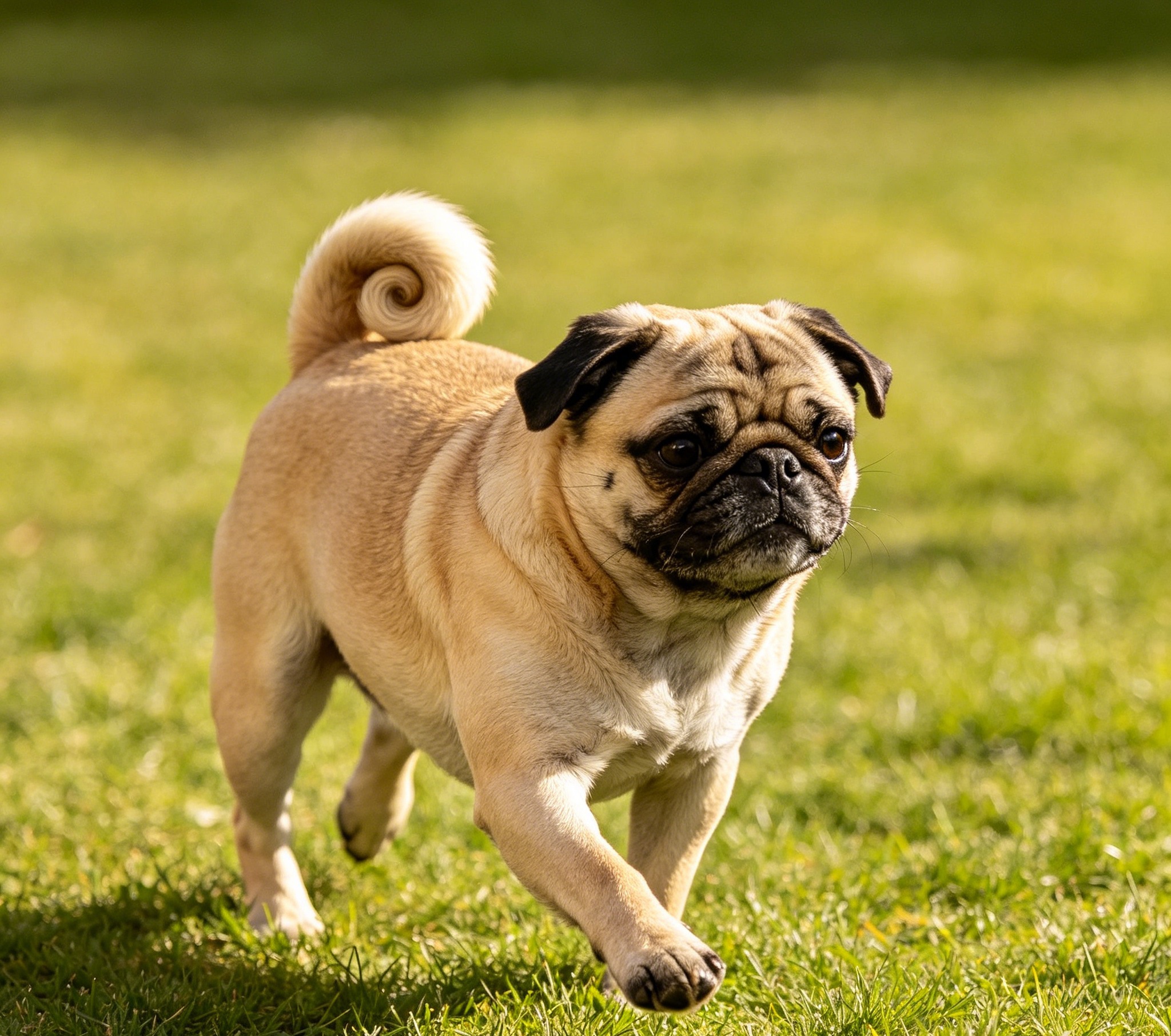 Fawn Pug trotting across grass with its curled tail and stocky little body