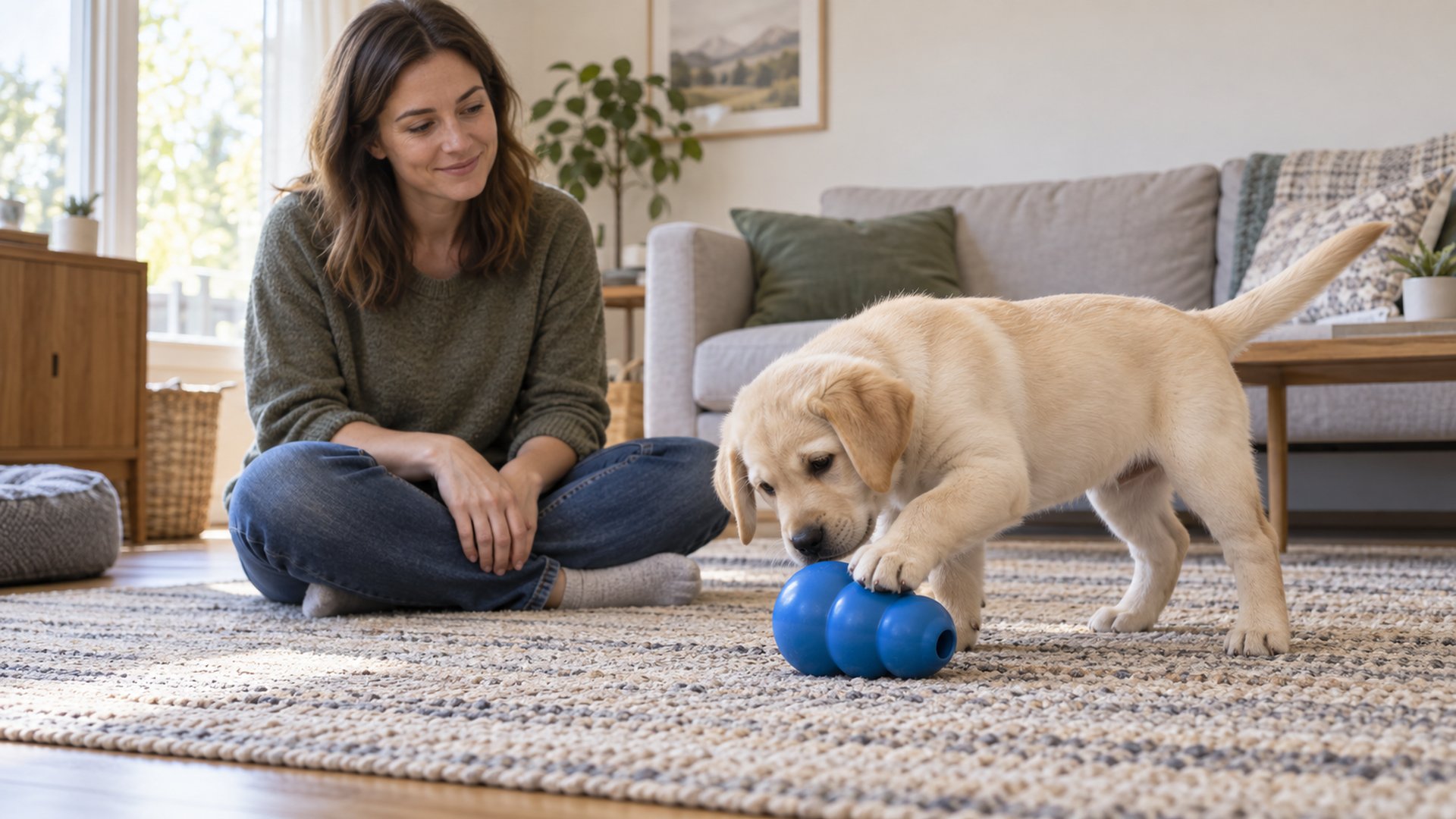 Yellow Labrador Retriever puppy exploring a blue rubber toy while an adult sits nearby on a living-room rug