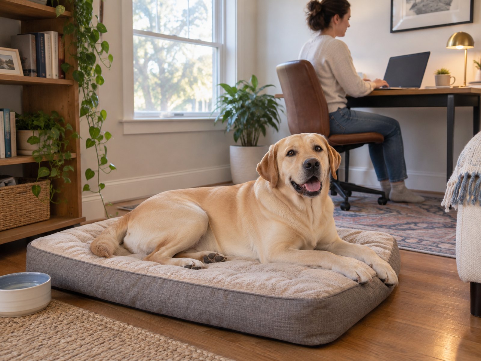 Adult yellow Labrador Retriever resting on a dog bed beside a desk while a person works at a laptop