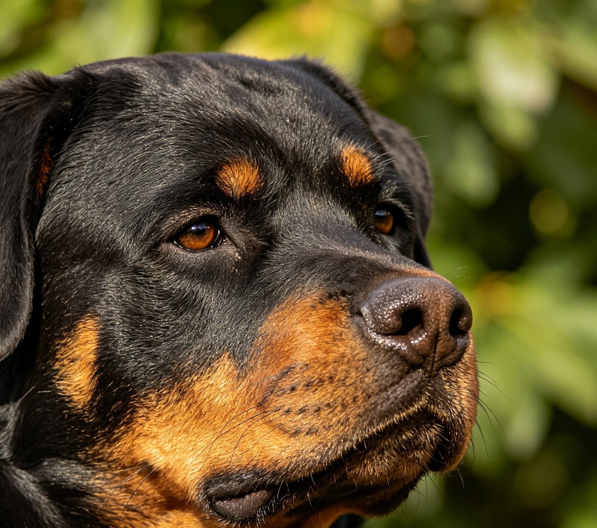 Adult Rottweiler standing in profile, showing the broad chest and black-and-tan markings typical of the breed