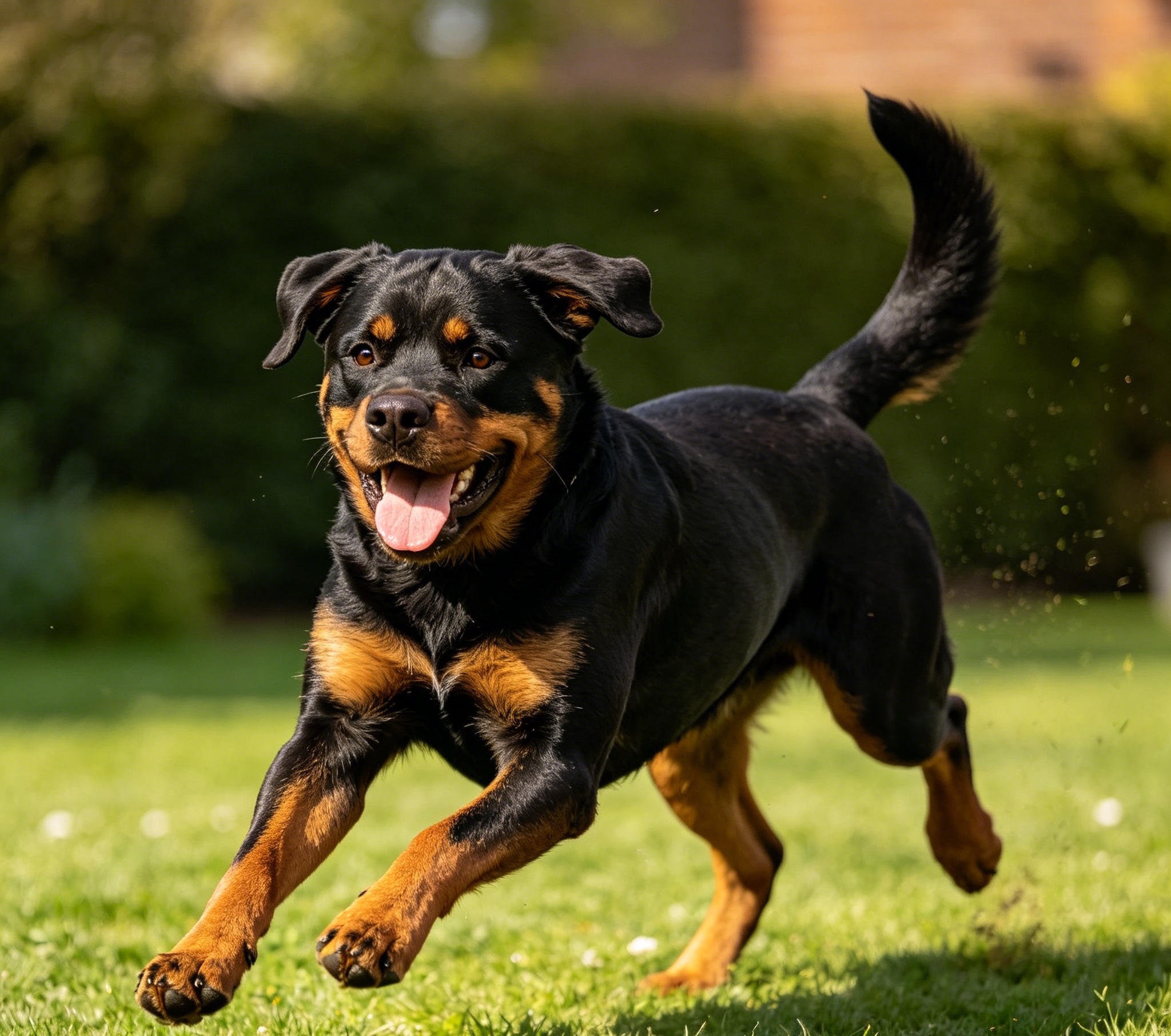 Rottweiler trotting across grass with an open, happy expression