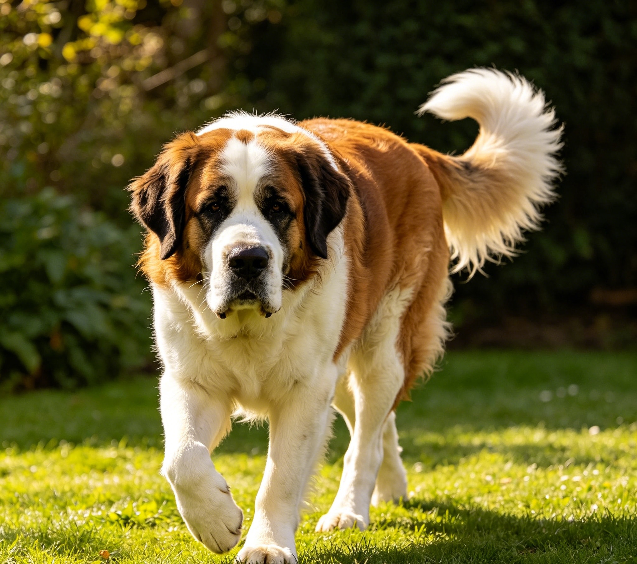 Saint Bernard ambling across a grassy field with a relaxed, happy gait