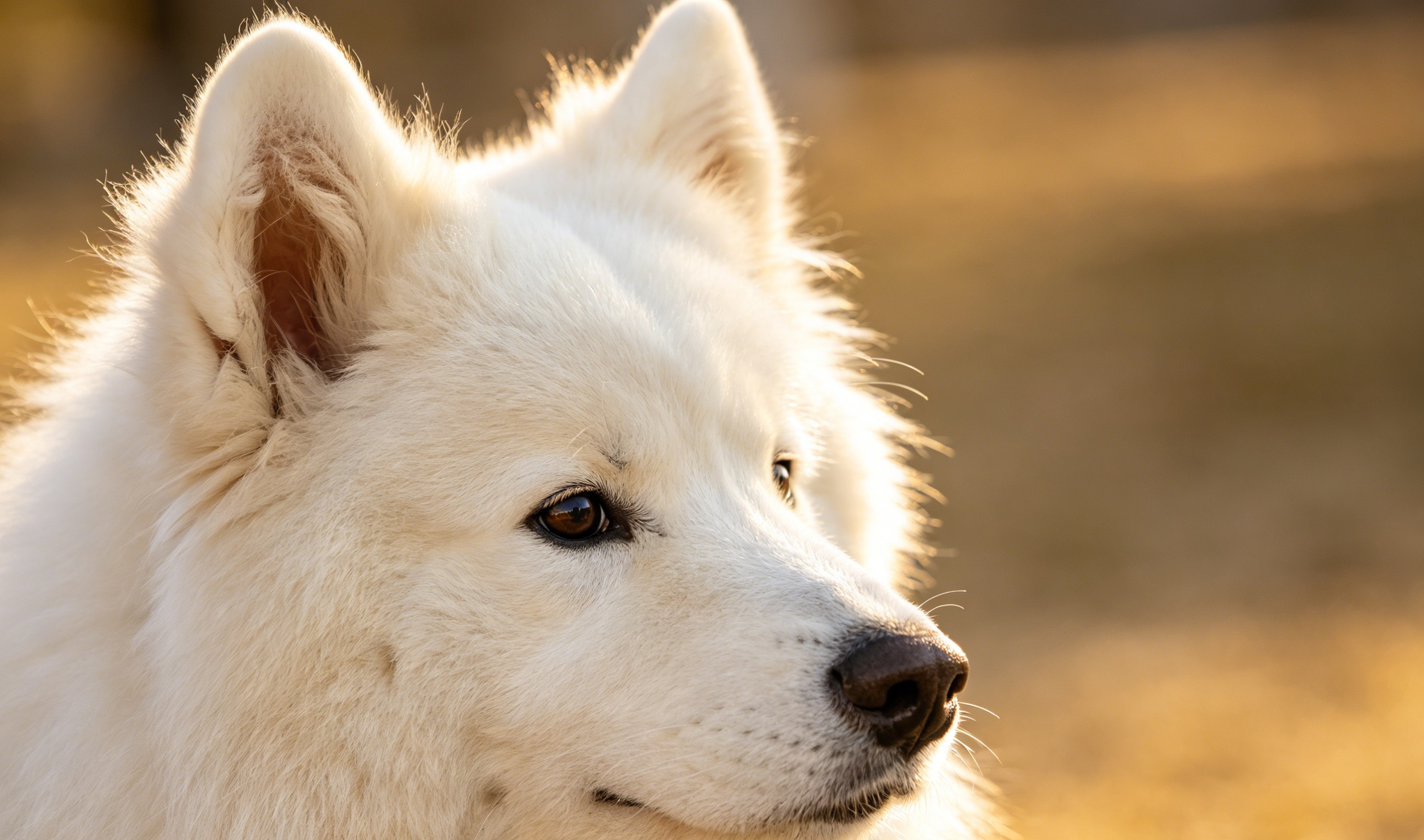 Adult Samoyed with a thick pure-white double coat, upturned smiling mouth, and a tail curled over the back