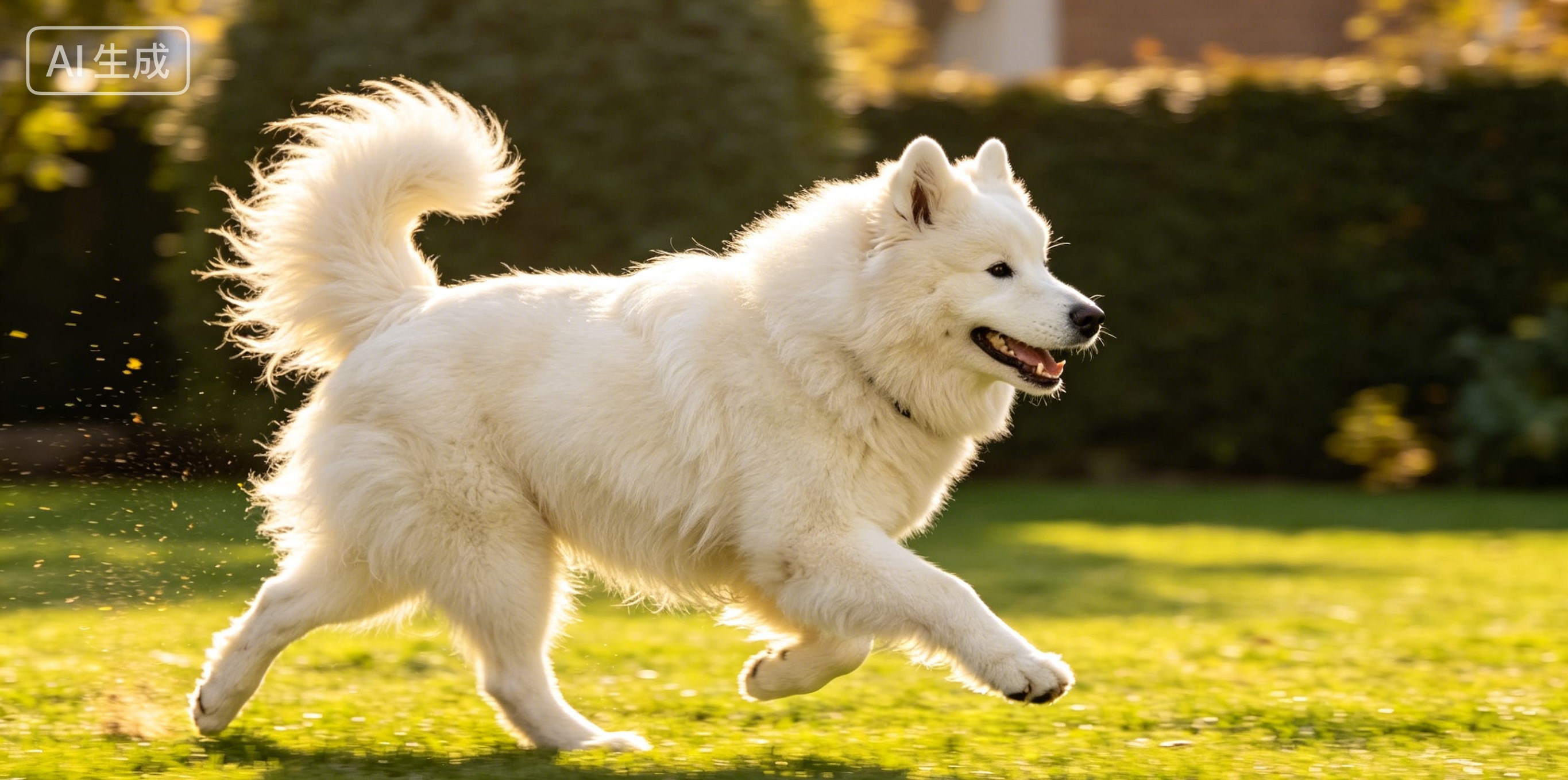 Samoyed bounding through an open field, white coat fluffing in motion, mouth open in the breed's classic smile