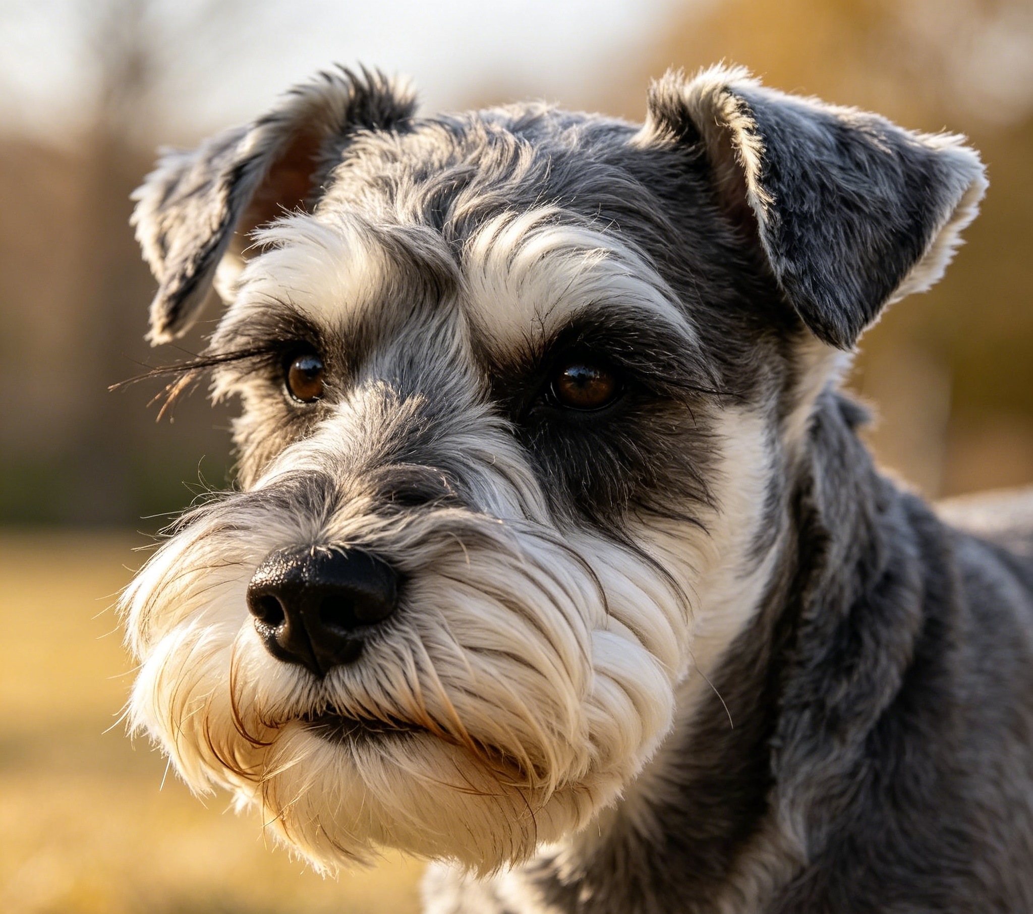 Salt-and-pepper Standard Schnauzer with its bearded face and arched eyebrows
