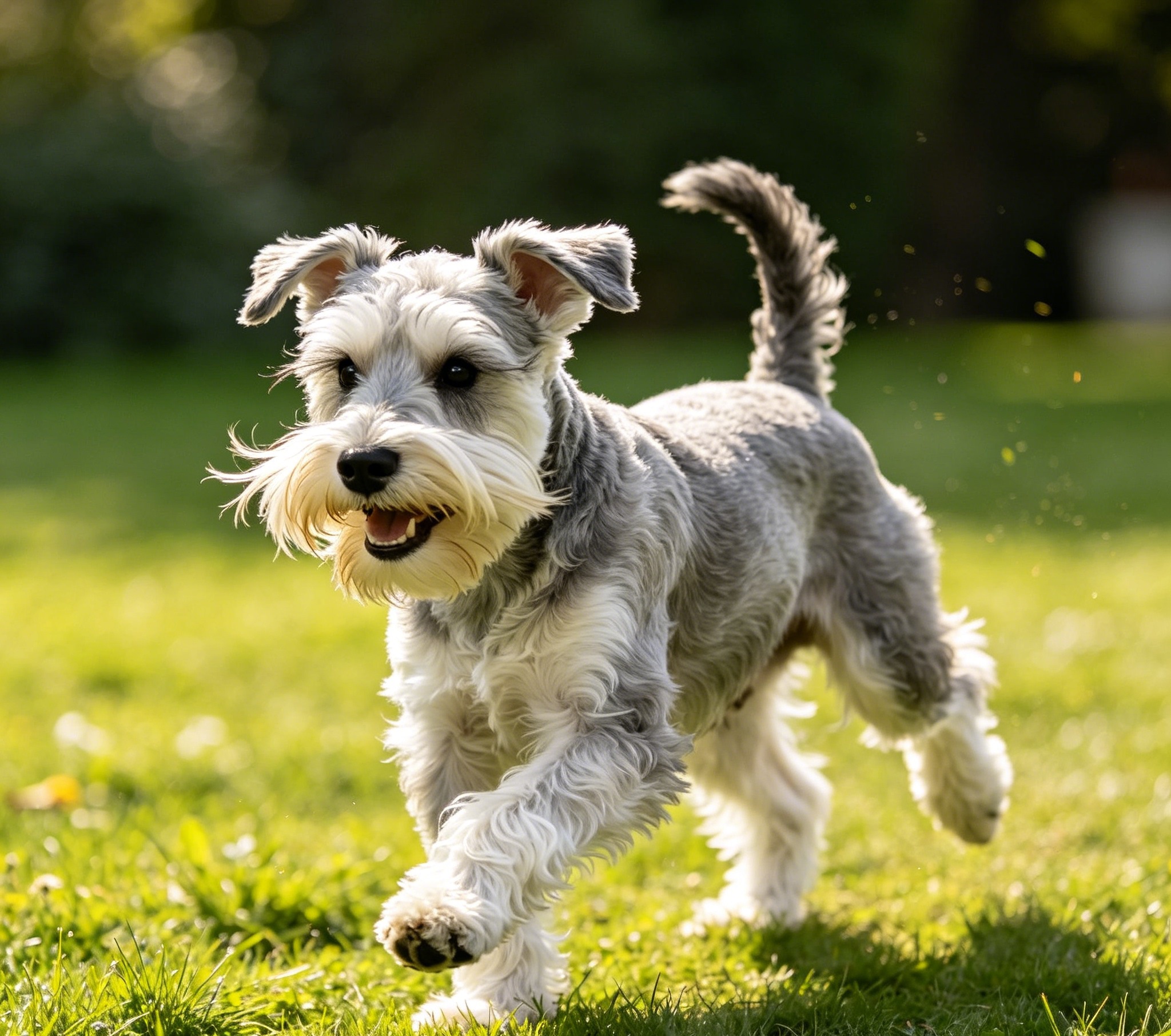 Standard Schnauzer trotting outdoors showing its compact, square working build