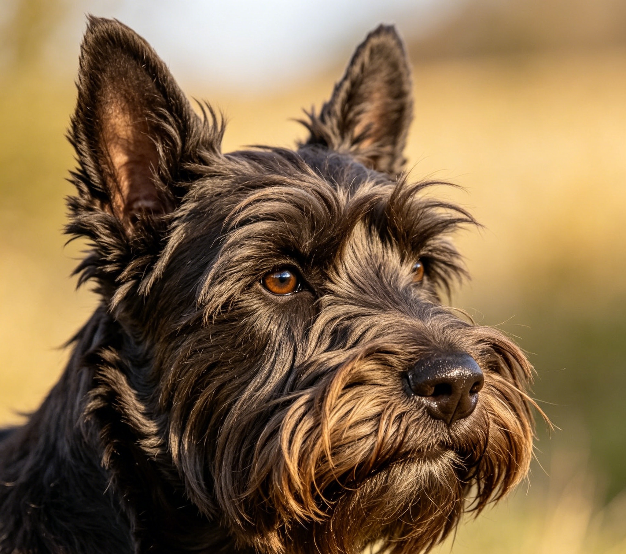 Black Scottish Terrier standing alert with its trademark long head and bushy eyebrows