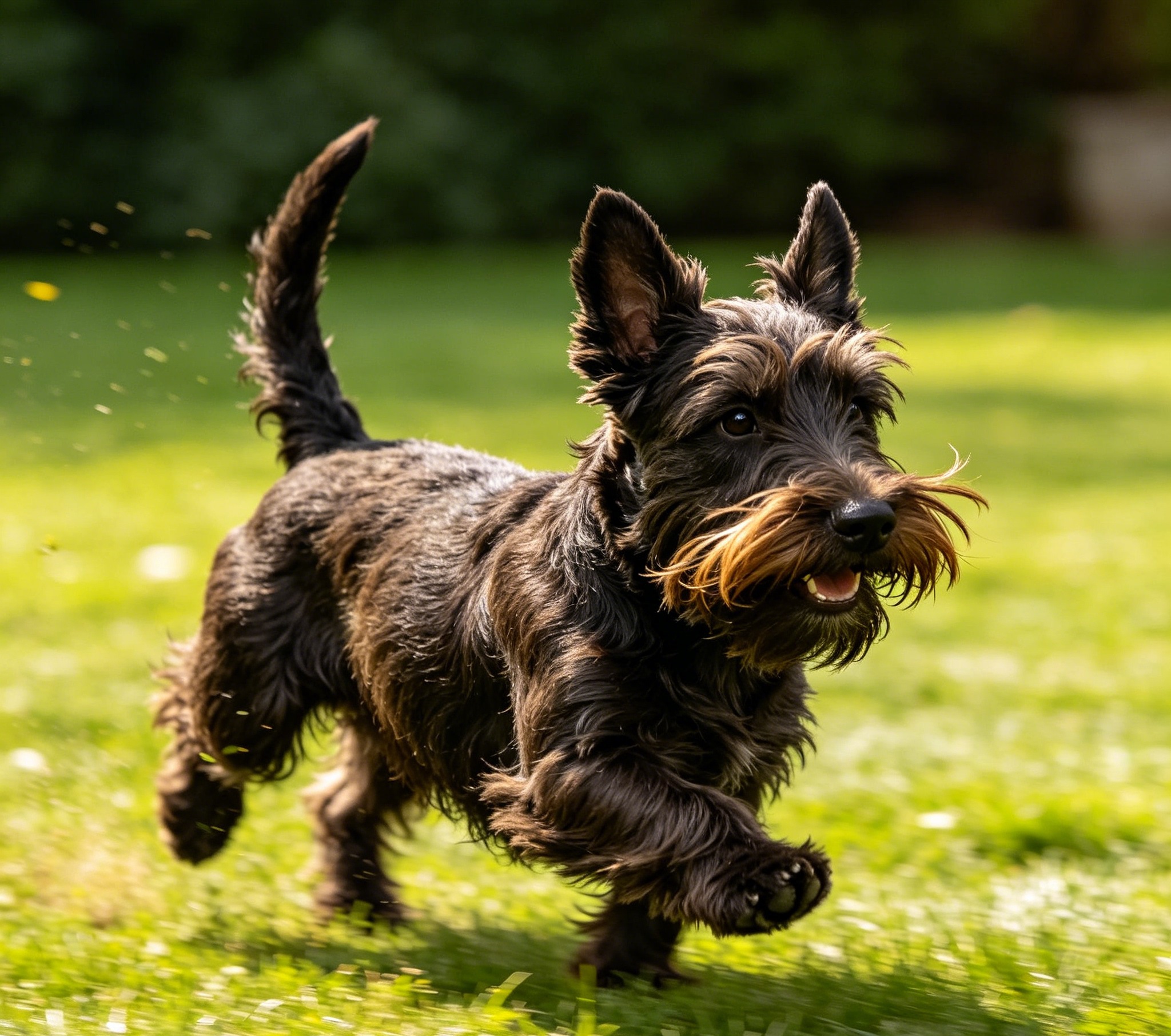 Scottish Terrier trotting across grass with its wiry beard and furnishings visible