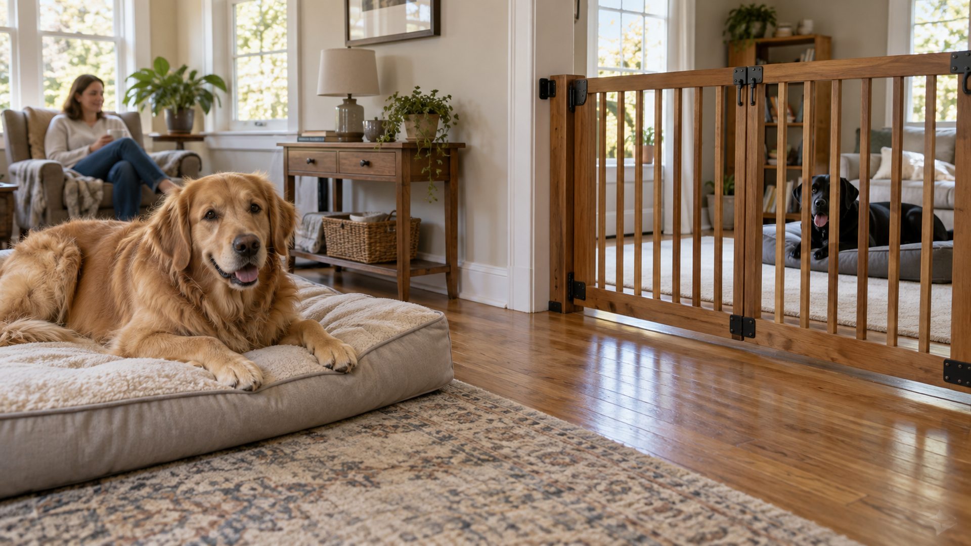 Golden Retriever and black Labrador resting on separate beds in adjoining rooms with a closed gate between them